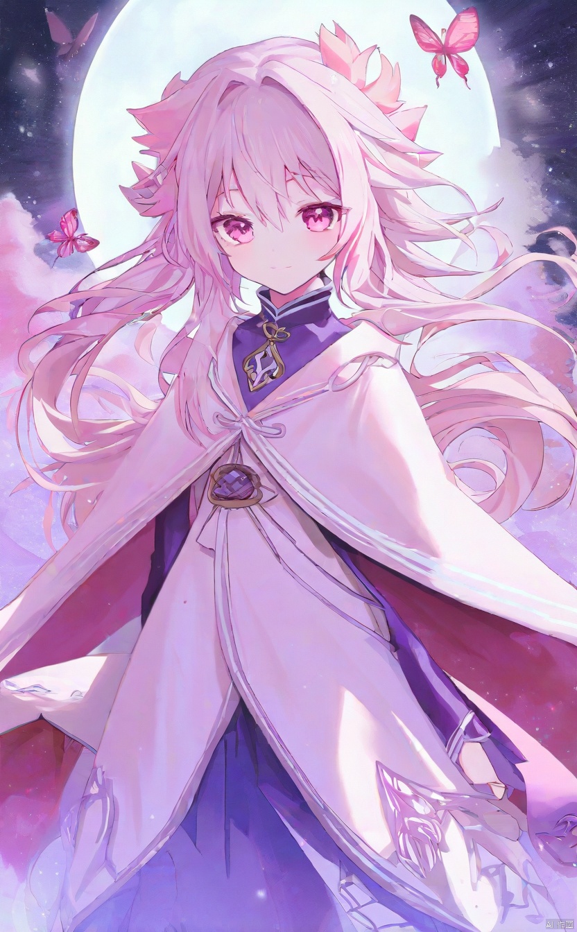 The image depicts a character with anime-style features, which includes large eyes and detailed hair. The character's attire suggests a fantasy or magical theme, indicated by the clover-like shapes and the cloak-like garment. The use of color is notable, with a focus on pinks and purples, which are often associated with magic or fantasy in visual storytelling. The background has an ethereal quality, with colors that blend into each other, suggesting a dreamlike or otherworldly setting. There is no explicit context provided within the image itself, so any additional narrative or background would be speculative without further information.