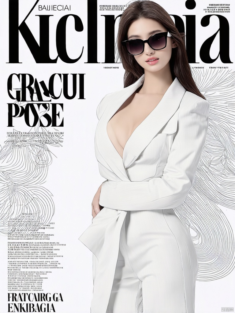 Fashion magazine cover, close-up shot, up close shot, Oriental beauty, empty inspiration, flat illustration, a fashionable woman, standing in front of the cover text of the fashion magazine graceful sexy pose, white cover text, decorated with gorgeous patterns and beautiful lines, slim-fit, etc. , deconstructs minimalist line drawings. Fractal art effects, Dolce and Gabbana and Balenciaga Haute Couture, (sunglasses), Super ambient fashion posters,