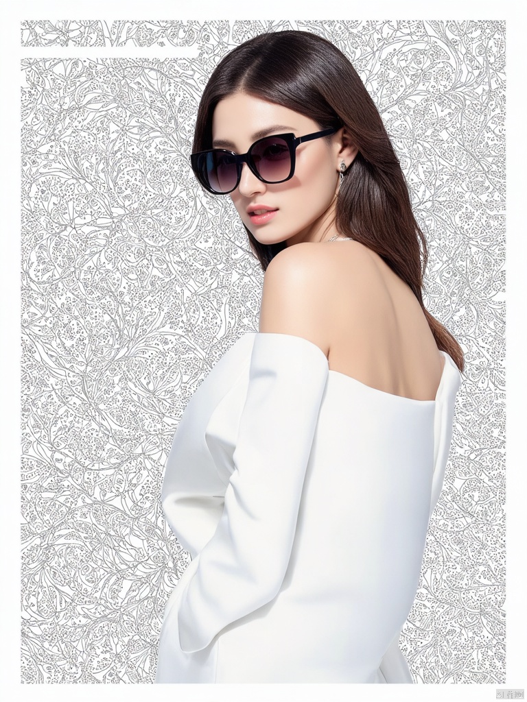 Fashion magazine cover, close-up shot, up close shot, Oriental beauty, empty inspiration, flat illustration, a fashionable woman, standing in front of the cover text of the fashion magazine graceful sexy pose, white cover text, decorated with gorgeous patterns and beautiful lines, slim-fit, etc. , deconstructs minimalist line drawings. Fractal art effects, Dolce and Gabbana and Balenciaga Haute Couture, (sunglasses), Super ambient fashion posters,