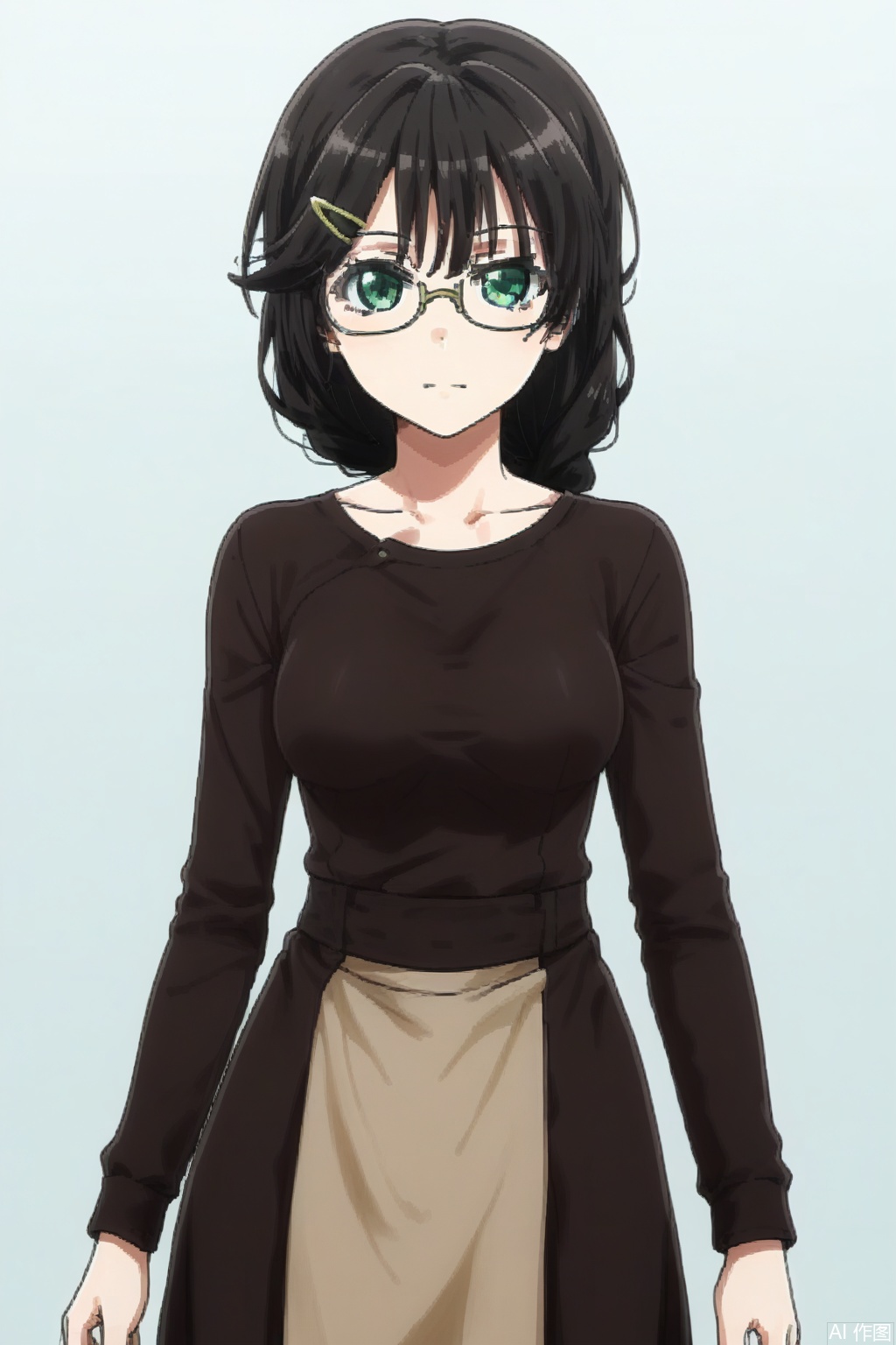 masterpiece, best quality,solo,((white background:1.2)),simple background,
looking at viewer,nanana,black-hair,green_eyes,glasses,braid,single braid,hair over shoulder