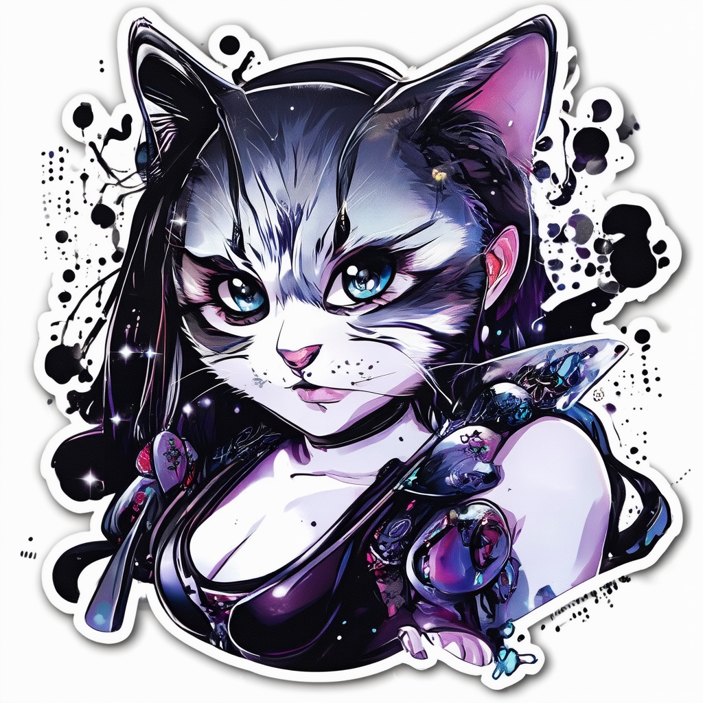 a noc-sticker beautiful girl, cat girl. She is very badass, she wears a very luxurious outfit. detailed image, detailed skin, upper body, looking at viewer. White background, ((masterpiece: 1.2)), light particles, ink droplets in background, Anime style.,midjourney