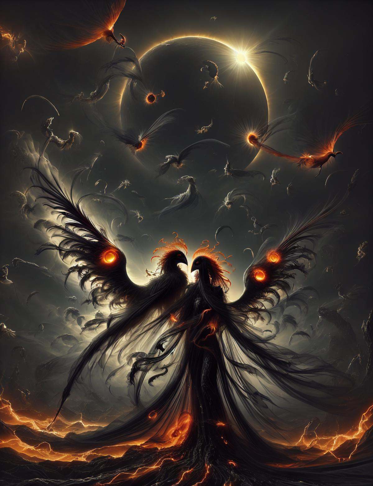 DonMV31l0fD4rkn355,  mind uploading of solar phoenixe- celestial birds adorned with fiery plumage and radiant solar patter...