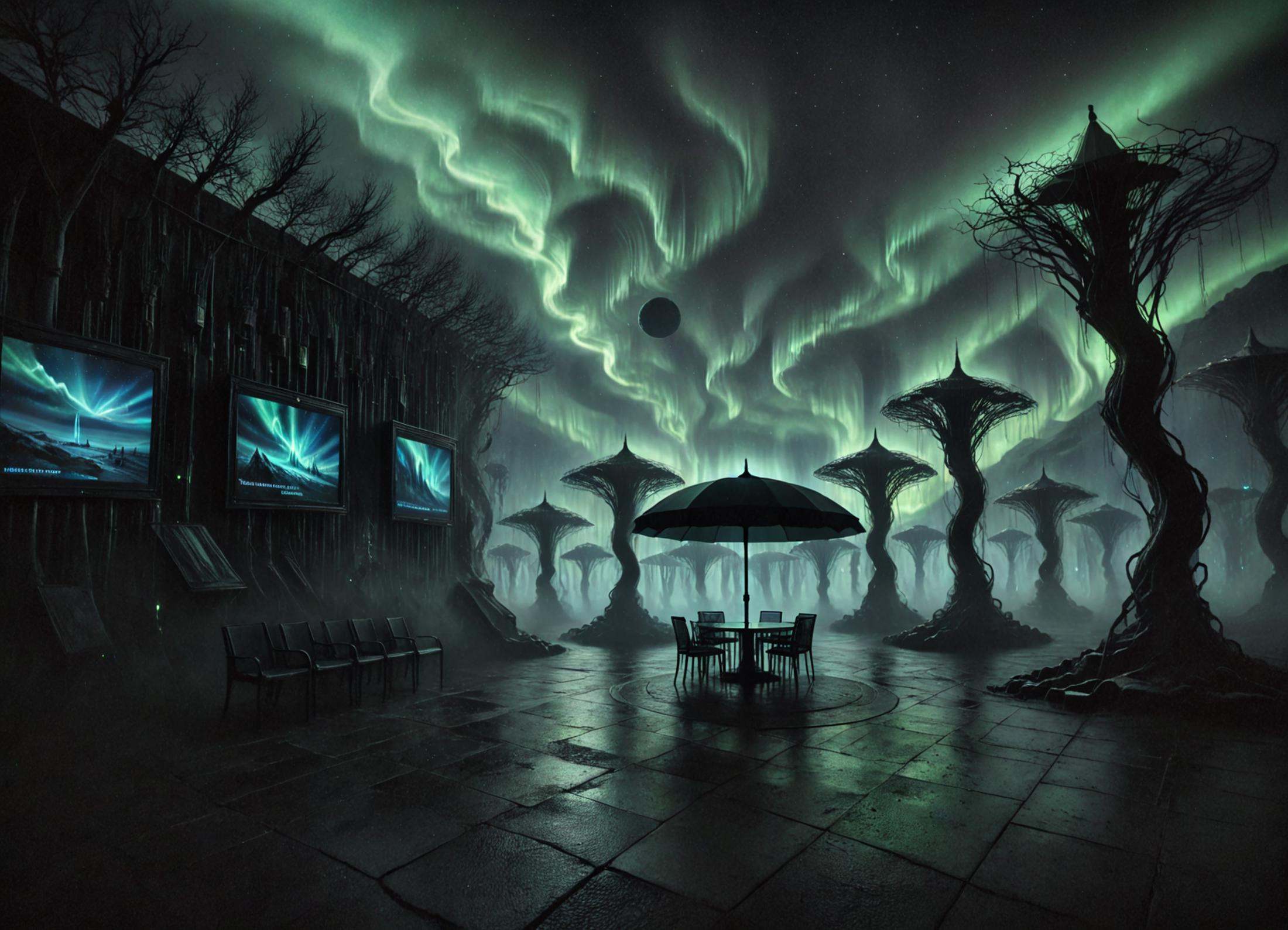DonMV31l0fD4rkn355XL intergalactic diplomatic embassy,  holo-integrated communication panels,  northern lights on Tensor.Art