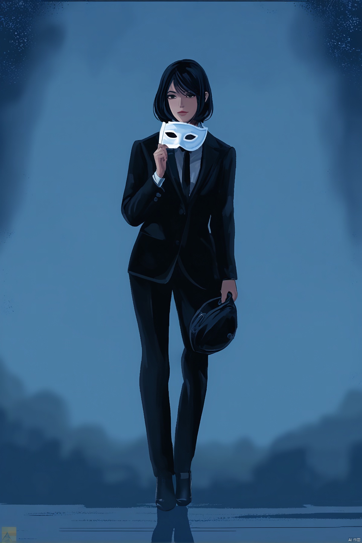 1girl, in black suit holding a mask,short hair,halftone background,blue mystery theme