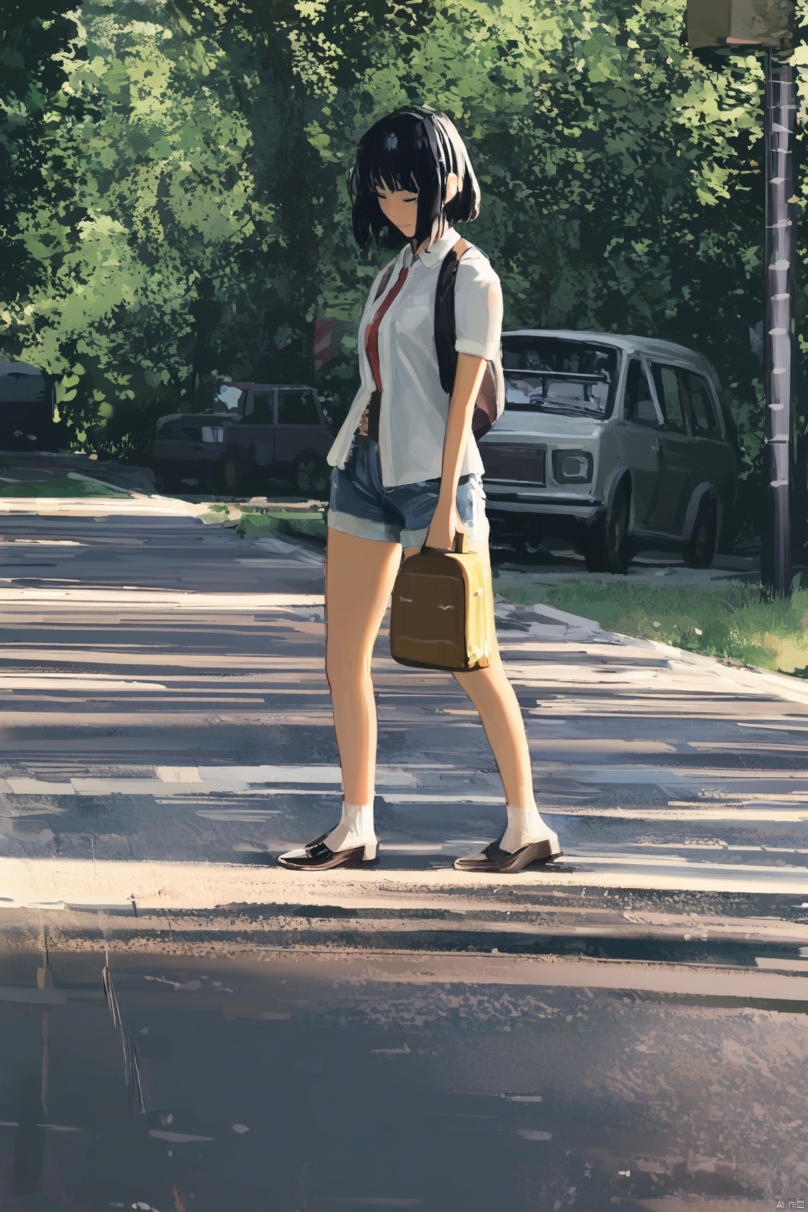 1girl, solo, long hair, shirt, black hair, short sleeves, pantyhose, outdoors, shorts, day, bag, bird, denim, ground vehicle, motor vehicle, legwear under shorts
