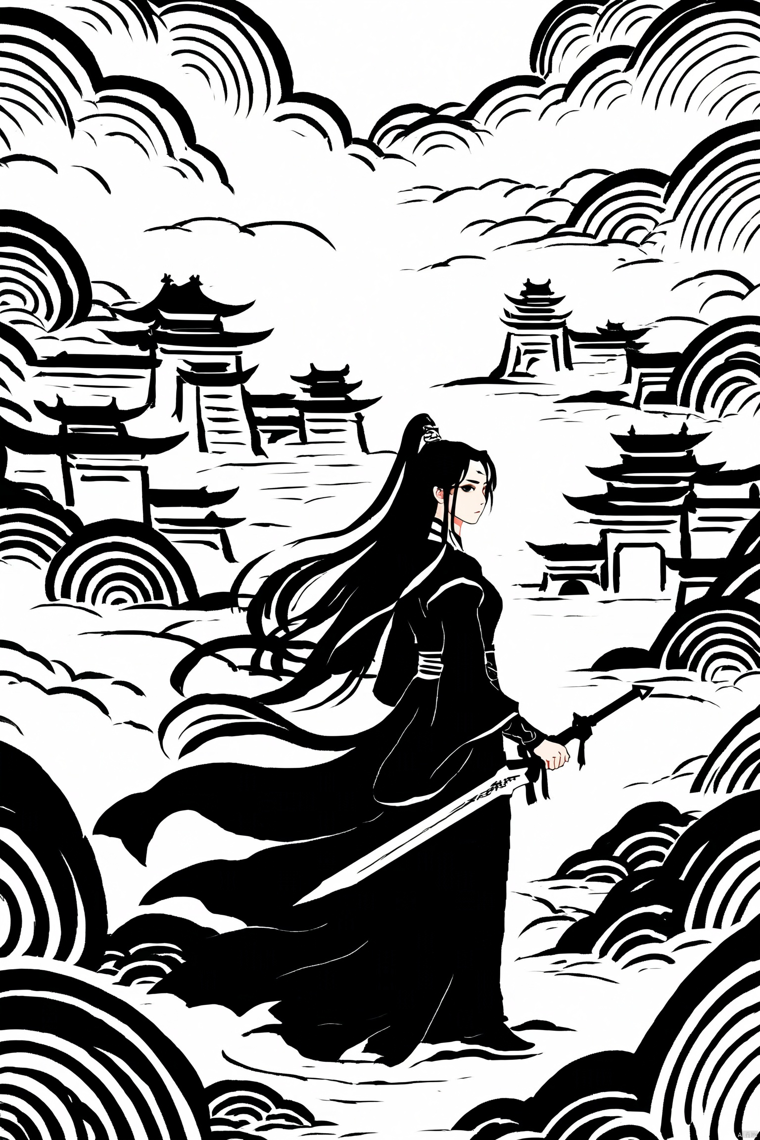 云纹, 中国传统建筑, 1girl, 黑色汉服, 长发, wind, 持剑