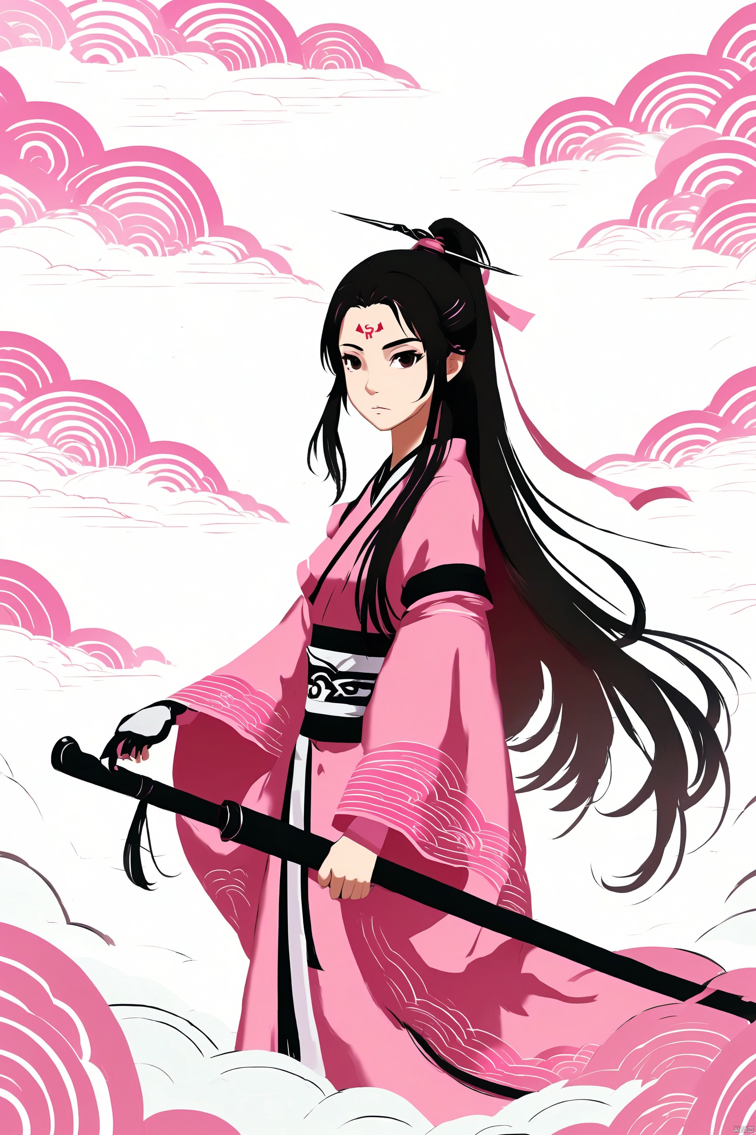 云纹, 中国传统建筑, 1girl, 粉色和服, 长发, wind, 持剑