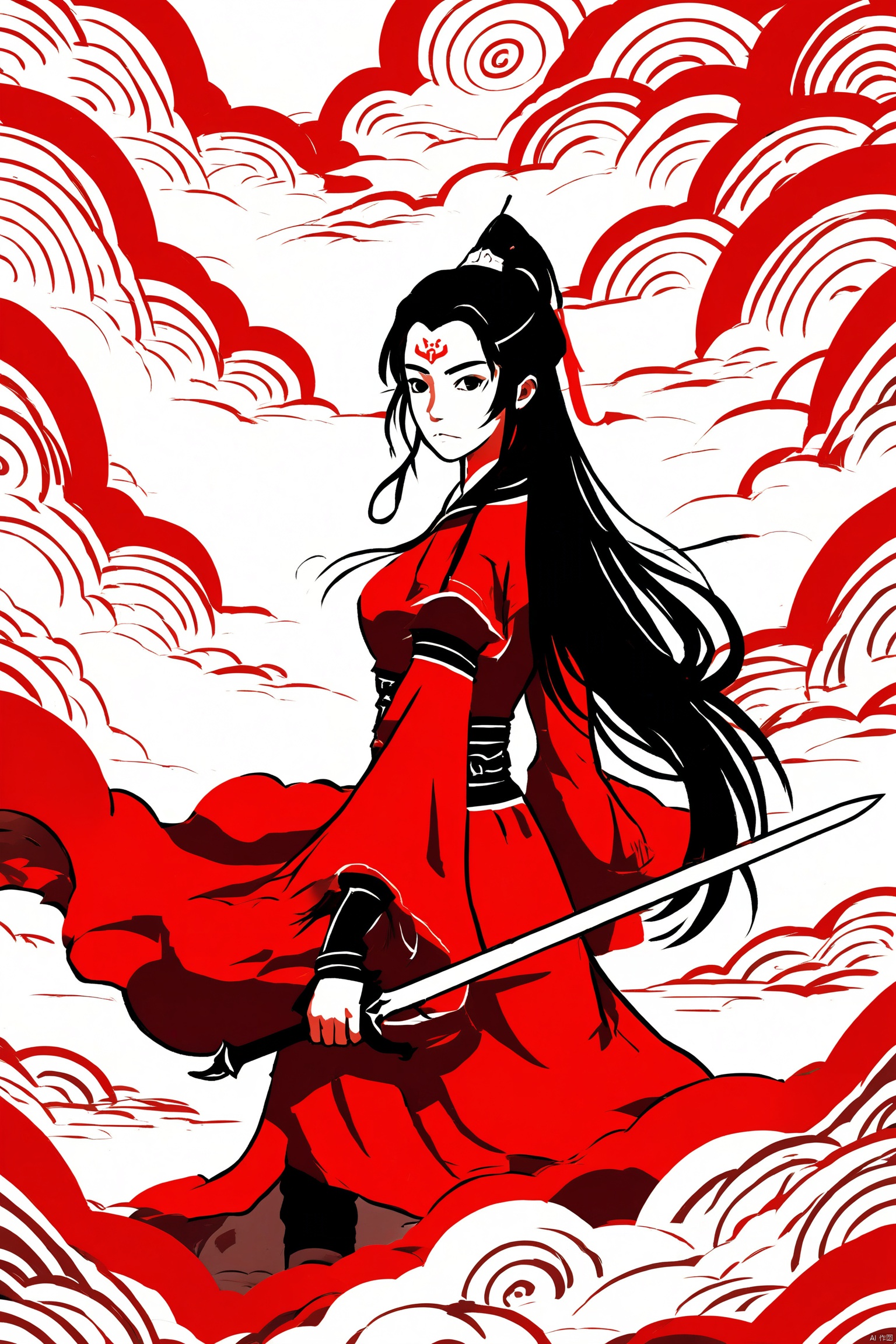 云纹, 中国传统建筑, 1girl, 红色衣服, 长发, 持剑