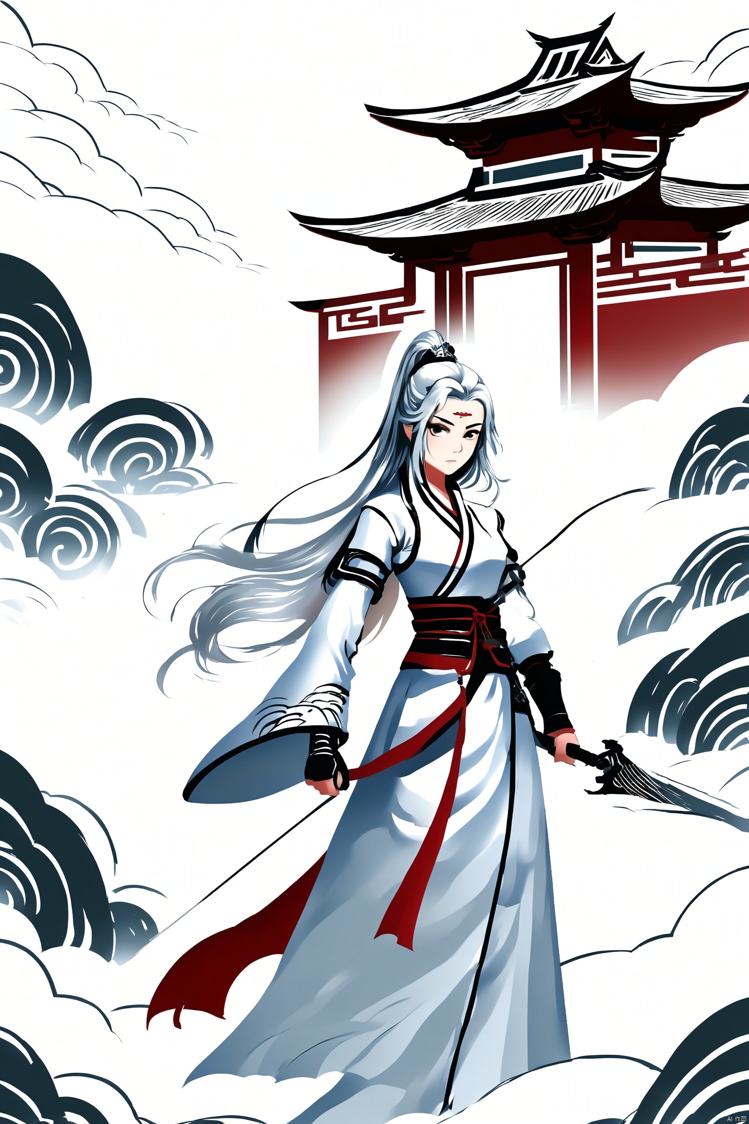 云纹, anime, 中国传统建筑, 1girl, 女侠, 银色长发, wind, 持剑