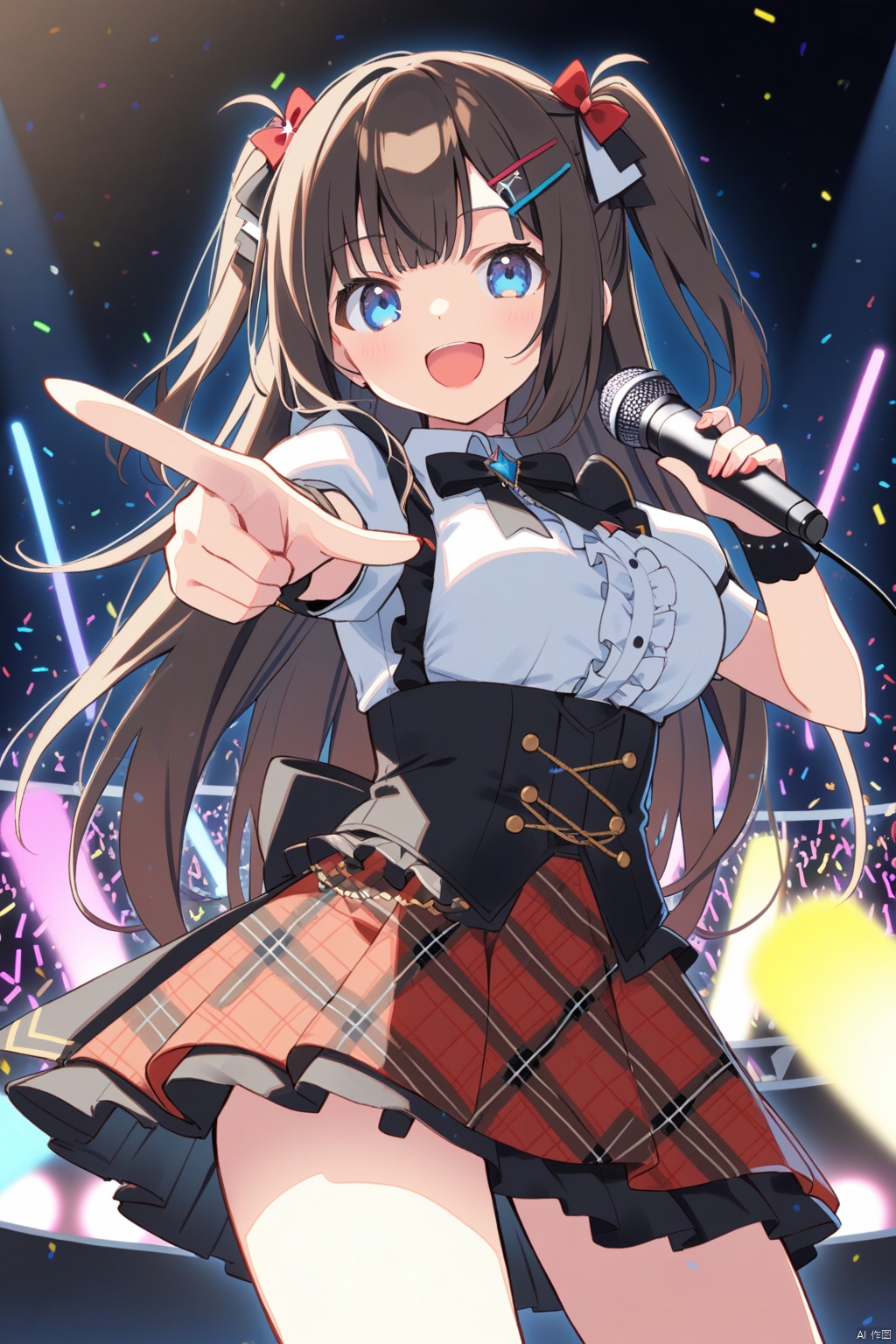 1girl, solo, blue_eyes, long_hair, microphone, skirt, hair_ornament, breasts, hairclip, smile, holding_microphone, holding, short_sleeves, looking_at_viewer, pointing, open_mouth, puffy_short_sleeves, two_side_up, glowstick, puffy_sleeves, black_hair, shirt, :d, plaid_skirt, frills, large_breasts, plaid, pointing_at_viewer, virtual_youtuber, idol, bow, brown_hair