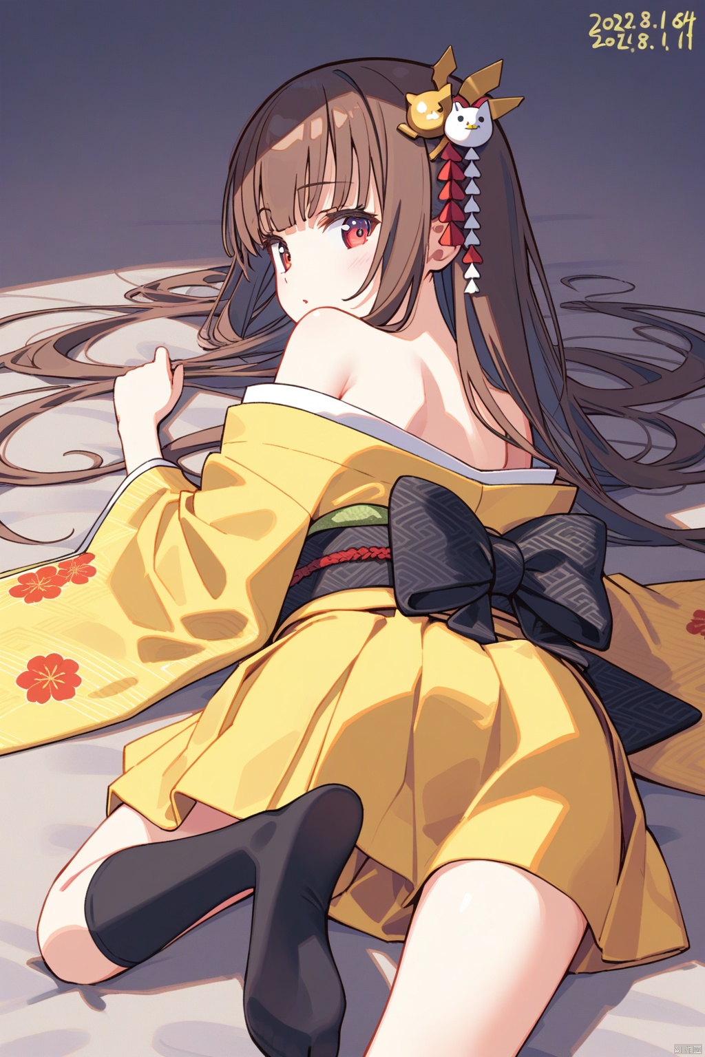 1girl, brown_hair, solo, no_shoes, looking_at_viewer, bare_shoulders, soles, feet, hair_ornament, socks, looking_back, dated, red_eyes, japanese_clothes, skirt, from_behind, kimono, off_shoulder, long_hair, yellow_skirt, lying, black_socks, on_stomach, yellow_kimono