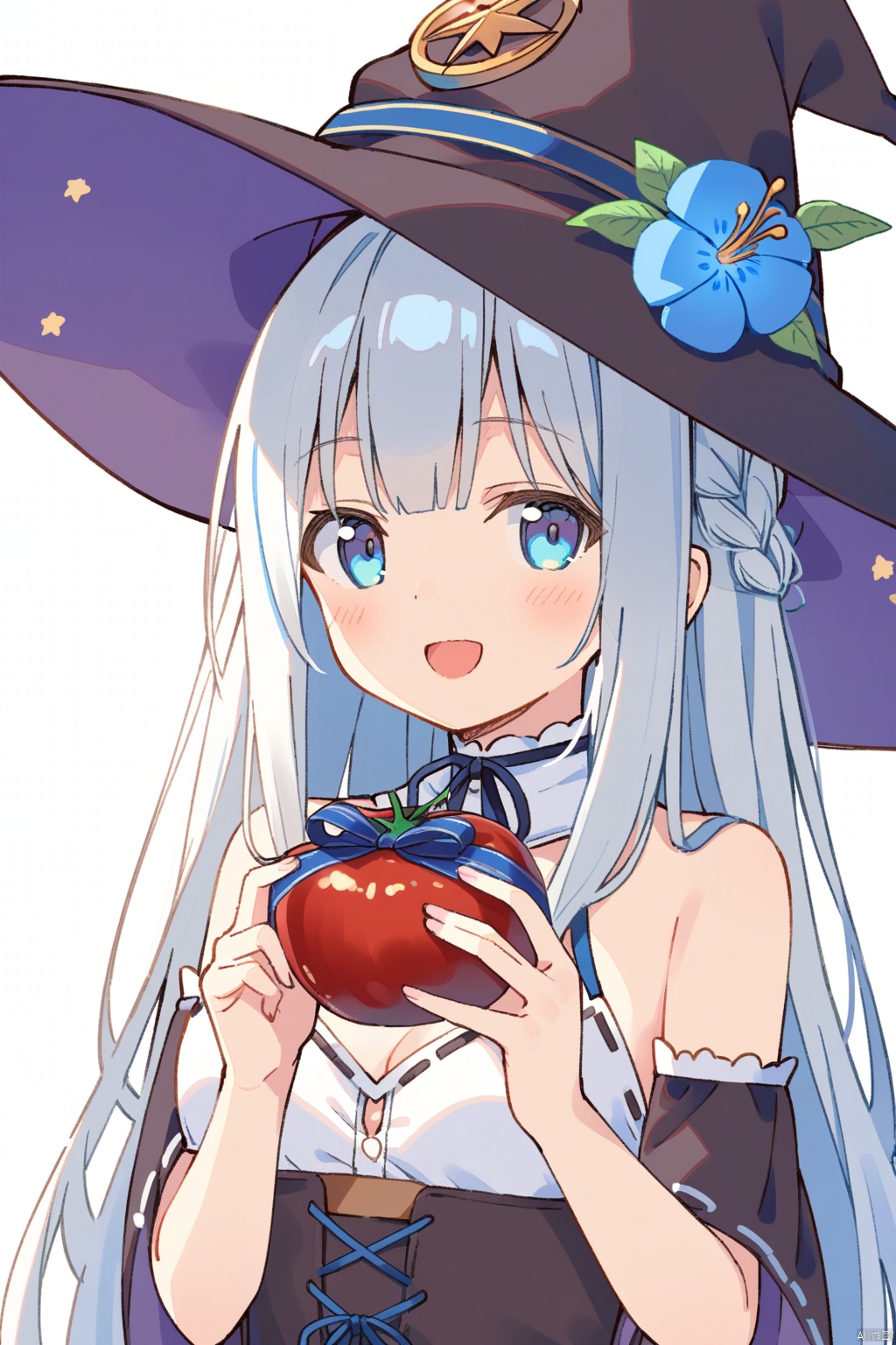 1girl, hat, solo, blue eyes, witch hat, long hair, black headwear, blue ribbon, tassel, smile, food, open mouth, hat flower, holding, looking at viewer, white hair, breasts, flower, :d, braid, gift, box, upper body, cleavage, blush, ribbon, chocolate, ribbon trim, witch, small breasts, blue flower, tomato, ribbon-trimmed sleeves, white background, holding gift