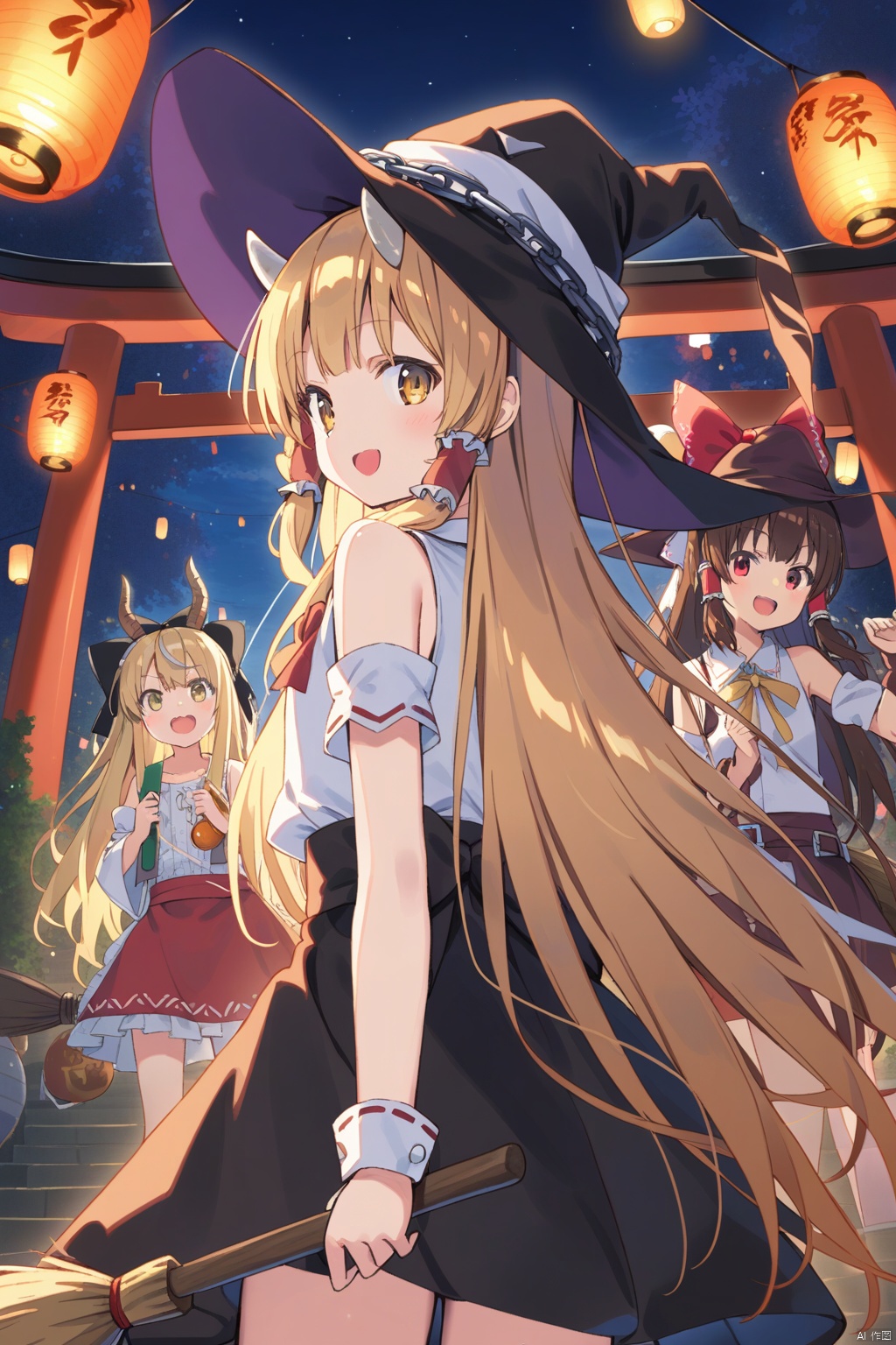 ibuki suika, hakurei reimu, kirisame marisa, blonde hair, multiple girls, long hair, horns, lantern, bow, chain, hair bow, torii, hat, brown hair, open mouth, smile, gourd, witch hat, detached sleeves, broom, hair tubes, 3girls, skirt, wrist cuffs, yellow eyes, tanabata, horn ornament, ribbon, very long hair, paper lantern, from behind, shirt, horn ribbon, looking at viewer, tanzaku, sleeveless