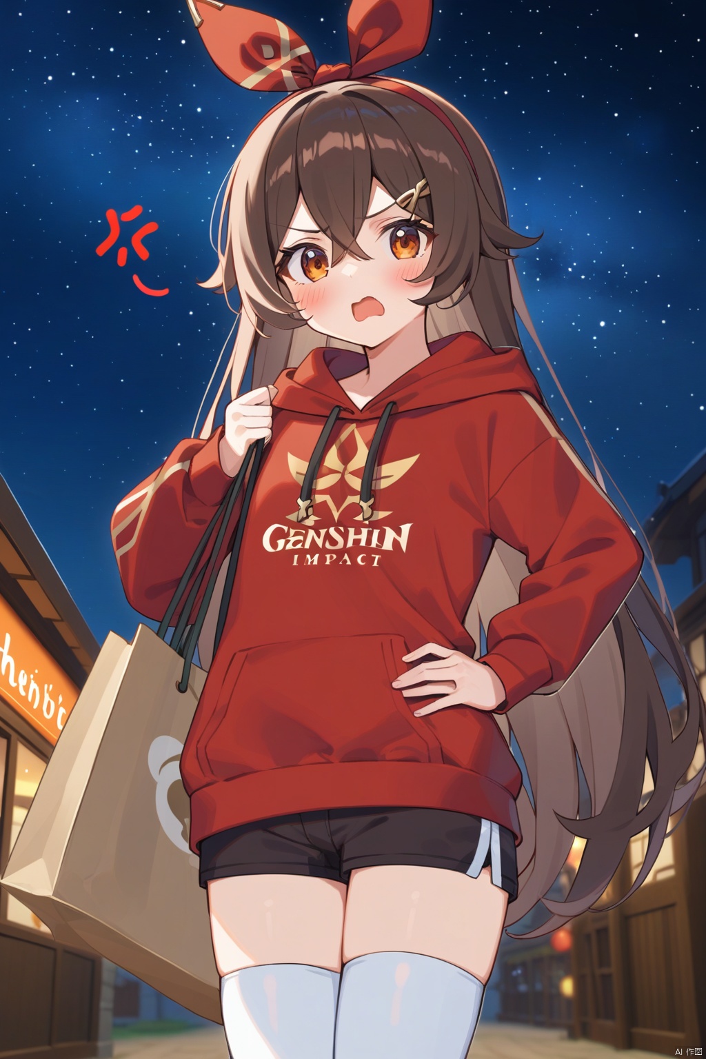 amber_(genshin_impact), 1girl, solo, brown_hair, thighhighs, red_hoodie, bag, shorts, looking_at_viewer, night, long_hair, short_shorts, hood, hair_ornament, anger_vein, hairclip, hoodie, goggles, black_shorts, white_thighhighs, long_sleeves, holding, open_mouth, blush, night_sky, holding_bag, hair_between_eyes, sky, hair_ribbon, shopping_bag, hand_on_own_hip, alternate_costume