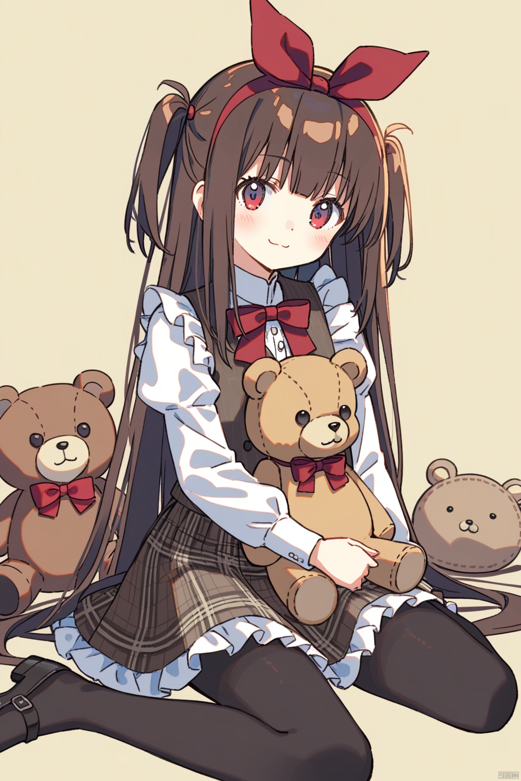 1girl, teddy bear, solo, stuffed animal, stuffed toy, long hair, pantyhose, long sleeves, juliet sleeves, puffy sleeves, skirt, blush, shirt, white shirt, plaid, hairband, closed mouth, brown hair, brown background, sitting, very long hair, two side up, bow, red eyes, plaid skirt, black pantyhose, red ribbon, :3, brown skirt, smile, looking at viewer, red bow, hair bow, vest, frills, ribbon, frilled skirt, brown hairband, wariza