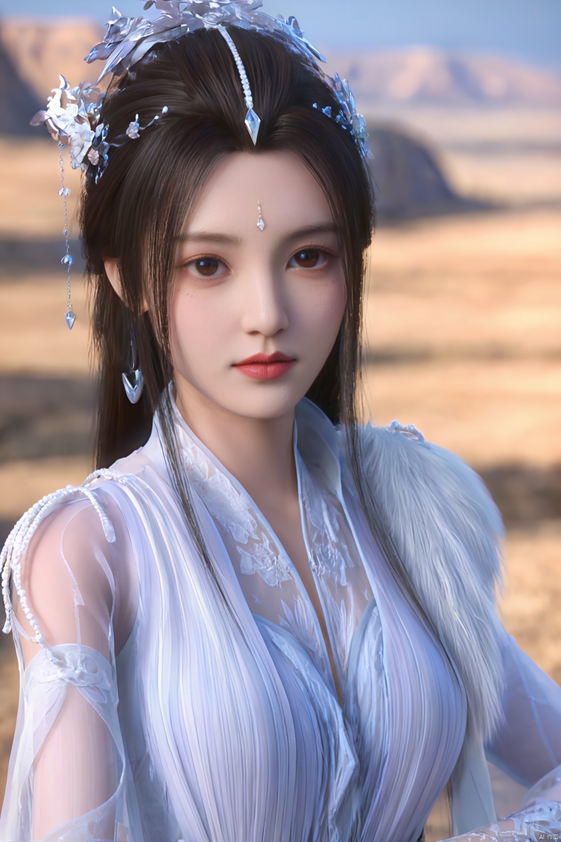 1girl, (veil:1.2), solo, jewelry, dress, hair ornament, forehead mark, looking at viewer, facial mark, perfect body, scenery, sharp focus, best quality, masterpiece, detailed outfit, illustration, perfect eyes, finely detailed beautiful anime eyes, realistic skin, intricate details, best lighting, depth of field, ultra high resolution,cowboy_shot, dynamic pose, dynamic angle,Xyueyao,(big breasts:1.69),