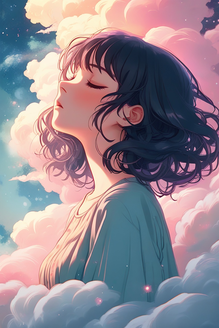 A dreamy,  ethereal portrait of an anime girl,  set against an abstract background of swirling clouds and soft pastel hues...