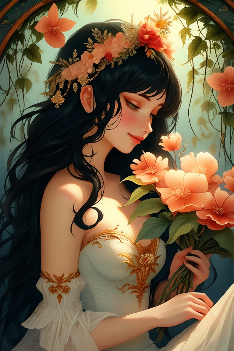 a young girl with porcelain skin and raven-black hair,  adorned with intricate floral patterns and swirling vines. Soft,...