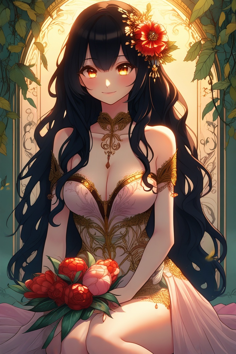 an anime girl with porcelain skin and raven-black hair,  adorned with intricate floral patterns and swirling vines. Soft,...