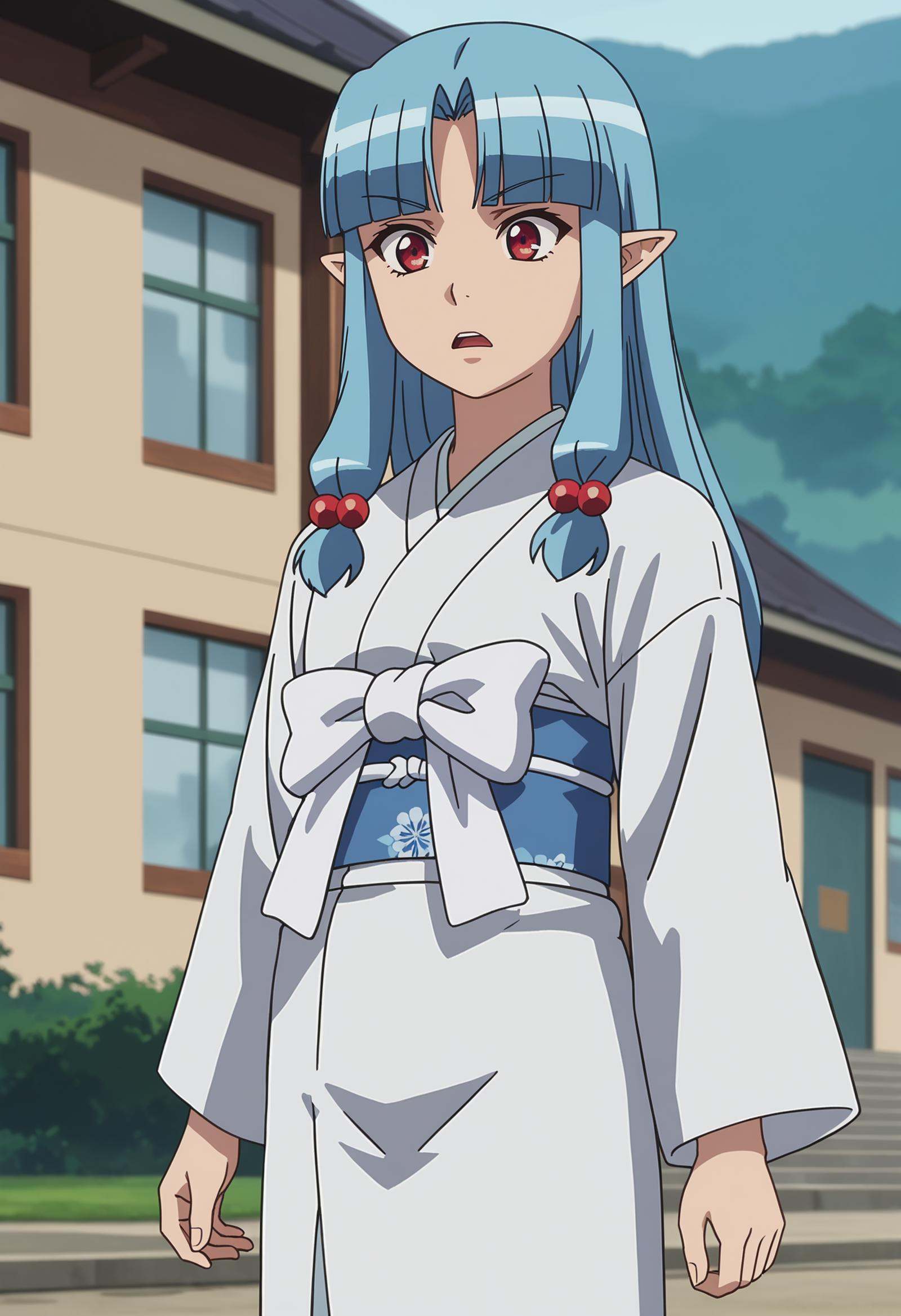 score_7_up, anime screencap,<lora:Tsugumomo_KirihaXL:0.9>,1girl, solo, parted lips, surprised,long hair, blue hair, red eyes, parted bangs, blunt bangs, pointy ears, hair beads,KirihaKimono, white kimono, long sleeves, blue sash, white ribbon,standing, looking at viewer, (cowboy shot:1.2),blurry background, outdoors, school building
