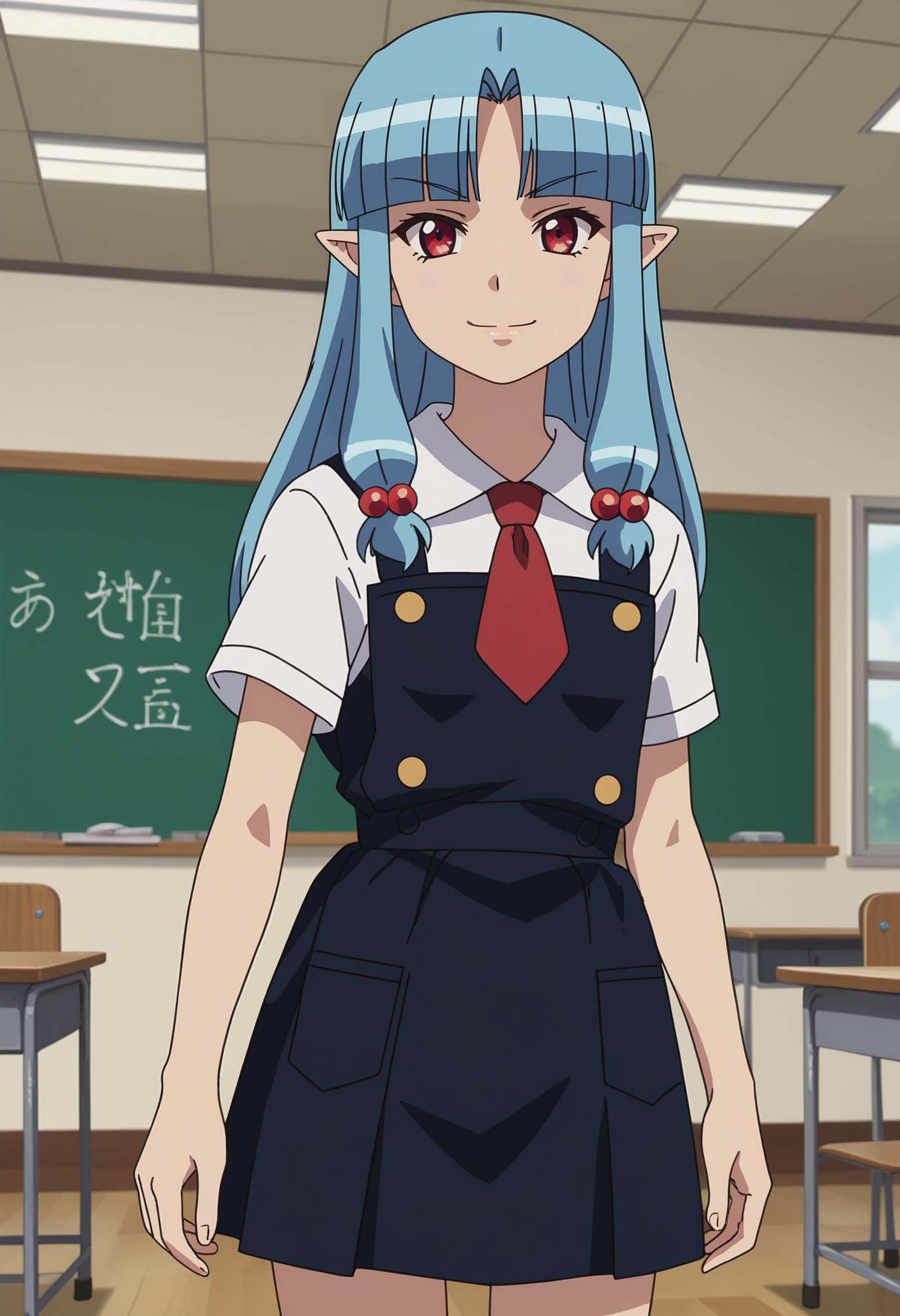 score_7_up, anime screencap,<lora:Tsugumomo_KirihaXL:0.9>,1girl, solo, closed mouth, smile,long hair, blue hair, red eyes, parted bangs, blunt bangs, pointy ears, hair beads,KirihaSchool, pinafore dress, black dress, white shirt, short sleeves, red necktie,standing, looking at viewer, (cowboy shot:1.2), thigh gap,blurry background, indoors, classroom