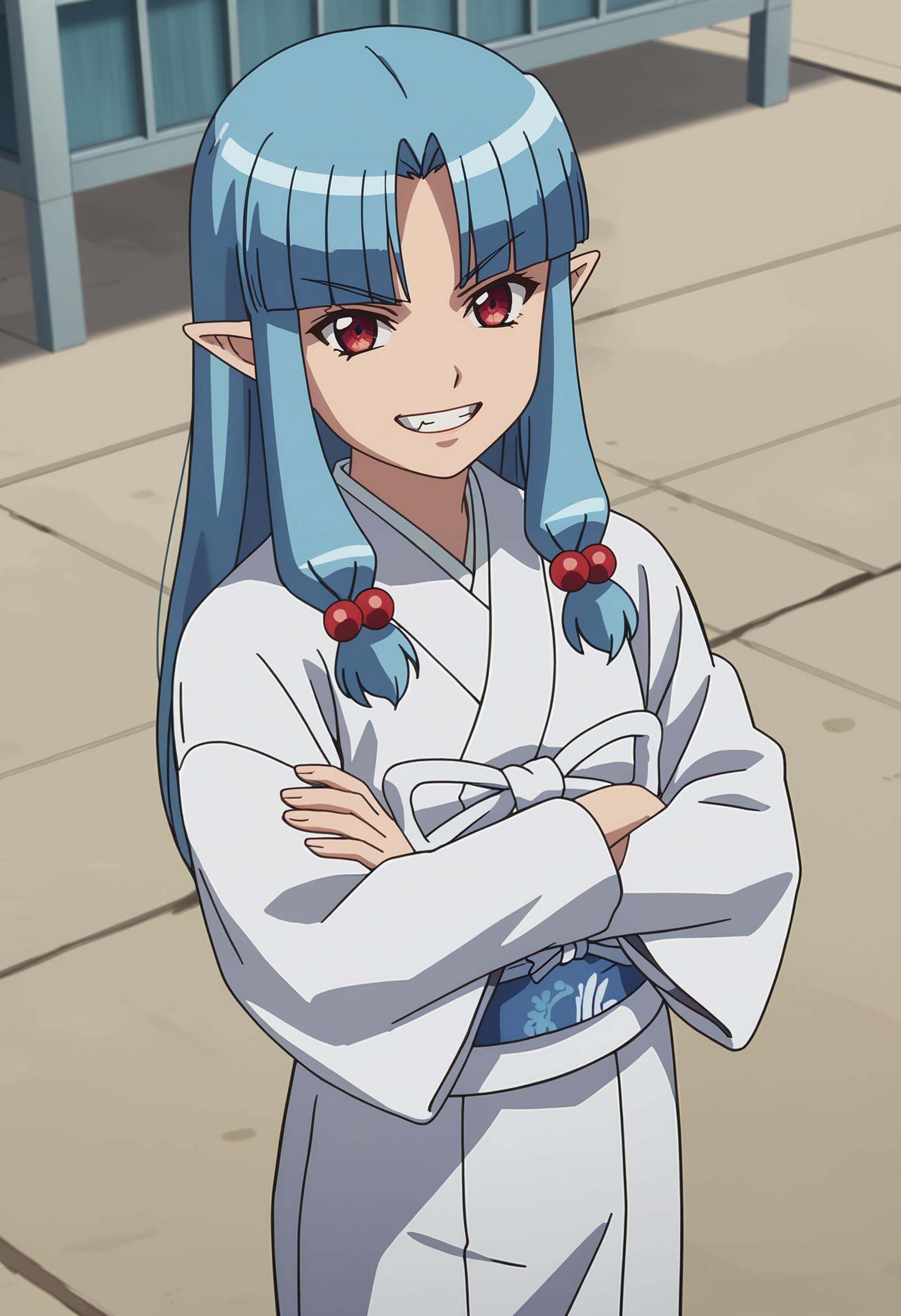 score_7_up, anime screencap,<lora:Tsugumomo_KirihaXL:0.9>,1girl, solo, grin, teeth,long hair, blue hair, red eyes, parted bangs, blunt bangs, pointy ears, hair beads,KirihaKimono, white kimono, long sleeves, blue sash, white ribbon,standing, looking at viewer, crossed arms, from angle,blurry background, outdoors, school building