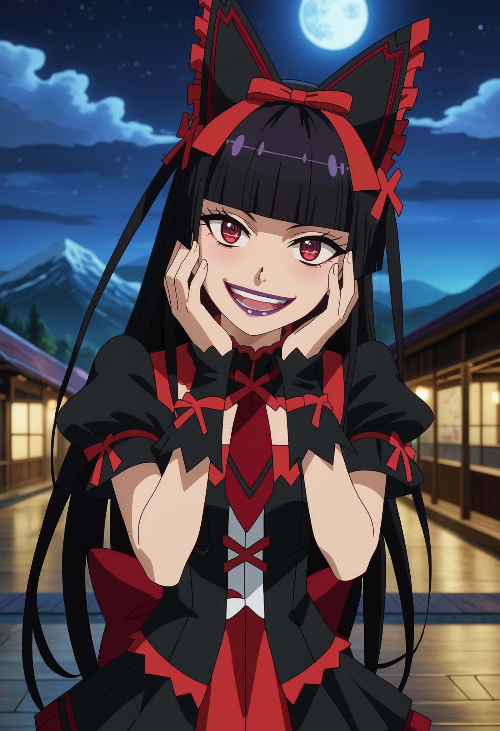 score_7_up, anime screencap, <lora:GATE_RoryMercuryXL:0.9>, RoryMercury,1girl, (yandere:1.1), crazy smile, crazy eyes, open mouth,long hair, black hair, red eyes, hime cut, blunt bangs, purple lipstick, hair bow,multicolored dress, black dress, red dress, puffy short sleeves, red necktie, black thighhighs, arm warmers,head tilt, hands on own face, standing, looking at viewer, blurry background, night, night sky, moon, mountains, scenery