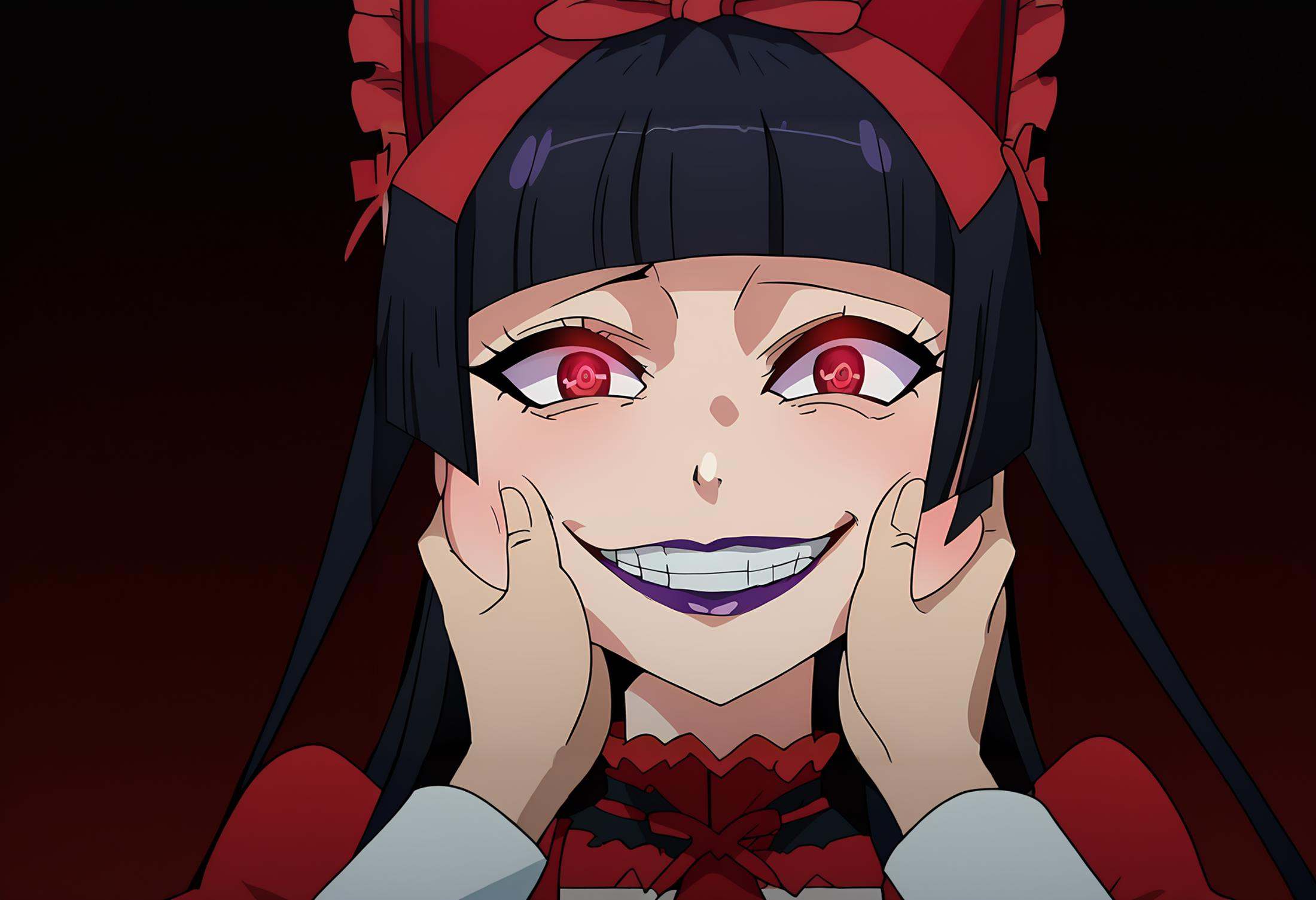 score_7_up, anime screencap, close-up, cheek squash, hands on another's face, hands on another's cheeks, <lora:GATE_RoryMercuryXL:0.9>, RoryMercury,1girl, head tilt, yandere, yandere trance, evil grin, glowing eyes, crazy eyes,long hair, black hair, red eyes, hime cut, blunt bangs, purple lipstick, hair bow,multicolored dress, black dress, red dress, puffy short sleeves, red necktie,solo focus, pov hands, looking at viewer, night, dark environment, <lora:SoloStatueGodGrin-closrem-v2:0.8>,  <lora:POVCheekSquash_XLPD:1.2>