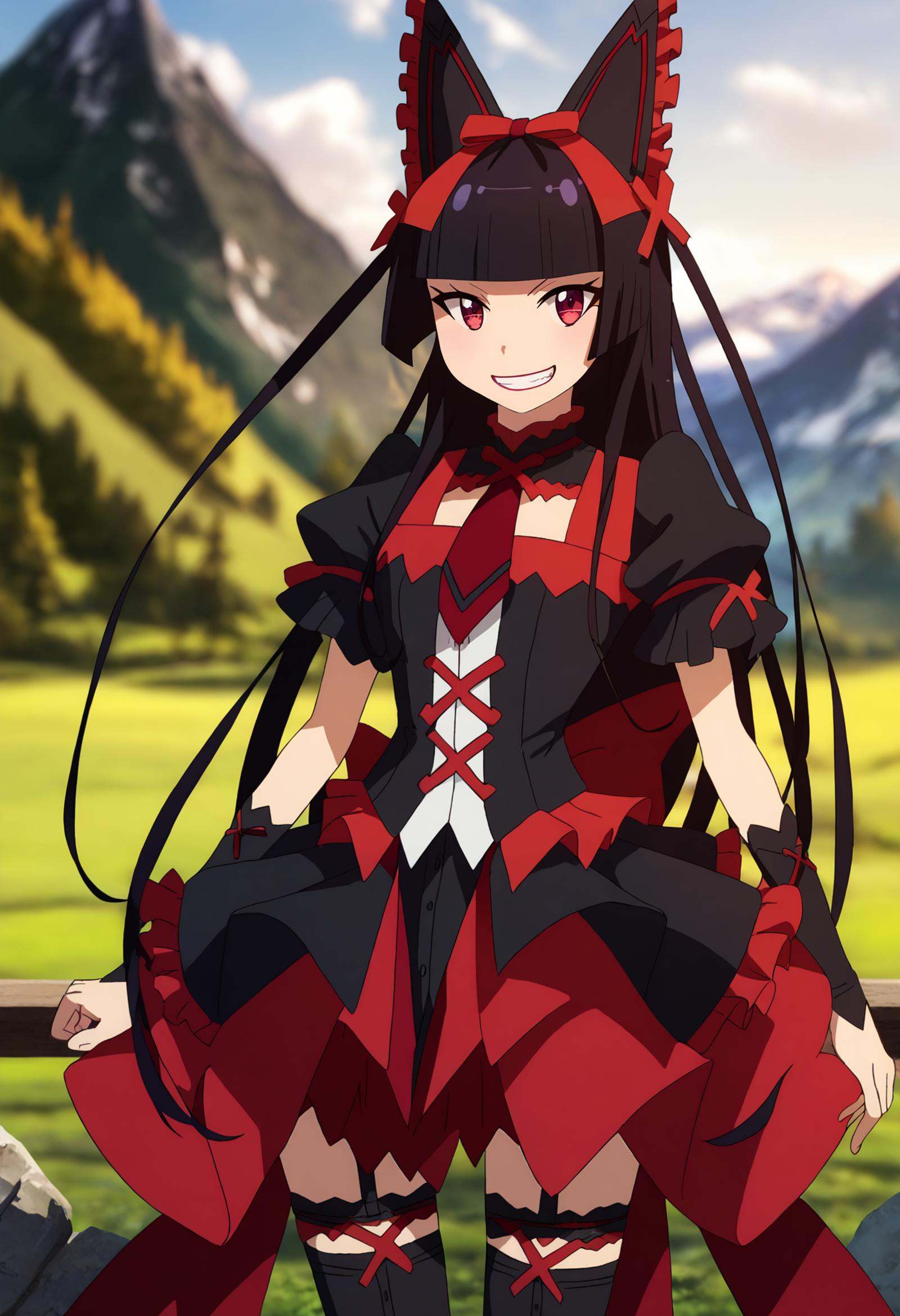 score_7_up, <lora:GATE_RoryMercuryXL:0.9>, RoryMercury,1girl, light smile, grin, long hair, black hair, red eyes, hime cut, blunt bangs, lipstick, hair bow,multicolored dress, frilled dress, cross-laced dress, puffy short sleeves, red necktie, black thighhighs, arm warmers,standing, cowboy shot, looking at viewer,blurry background, outdoors, mountains, scenery