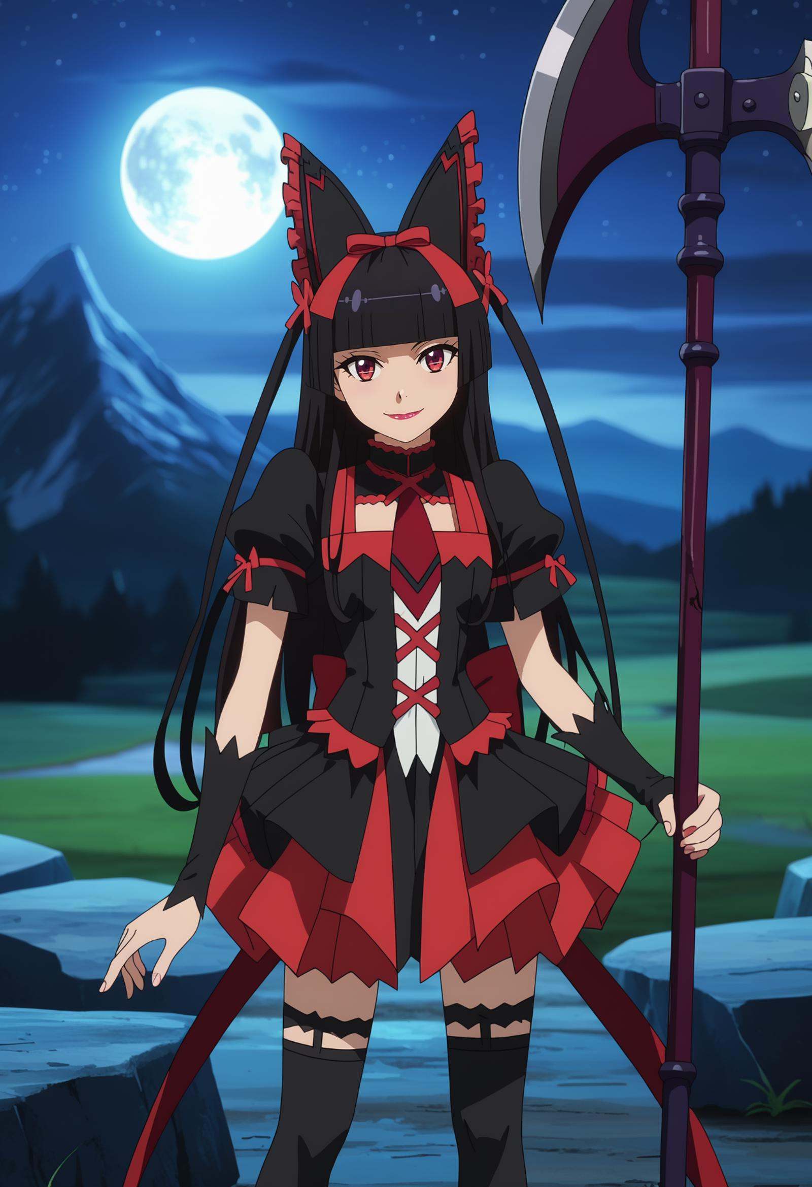 score_7_up, anime screencap,<lora:GATE_RoryMercuryXL:0.9>, RoryMercury,1girl, closed mouth, light smile,long hair, black hair, red eyes, hime cut, blunt bangs, lipstick, hair bow,over shoulder, axe, halberd,multicolored dress, black dress, red dress, puffy short sleeves, red necktie, black thighhighs, arm warmers,head tilt, standing, looking at viewer,blurry background, night, night sky, moon, mountains, scenery