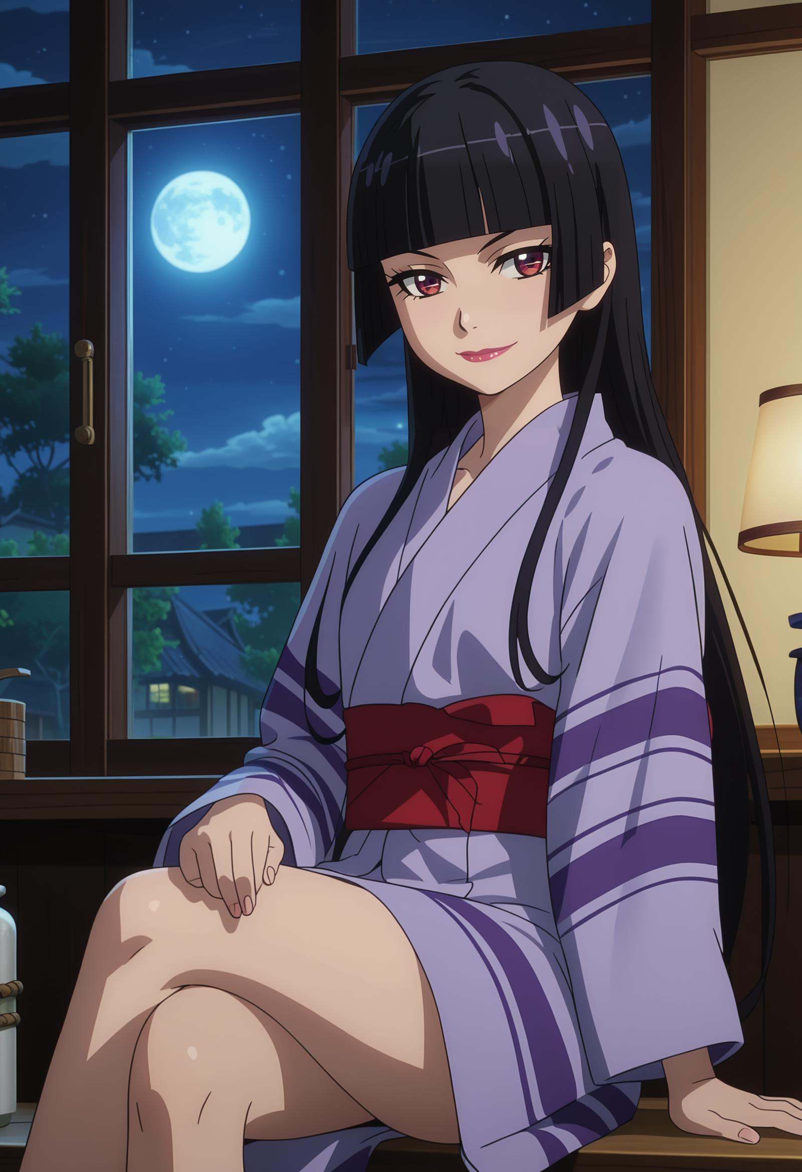 score_7_up, anime screencap,<lora:GATE_RoryMercuryXL:0.9>, RoryMercury,1girl, solo, closed mouth, light smile,long hair, black hair, red eyes, hime cut, blunt bangs, lipstick,yukata, purple kimono,sitting, crossed legs, looking at viewer, indoors, window, night, moon