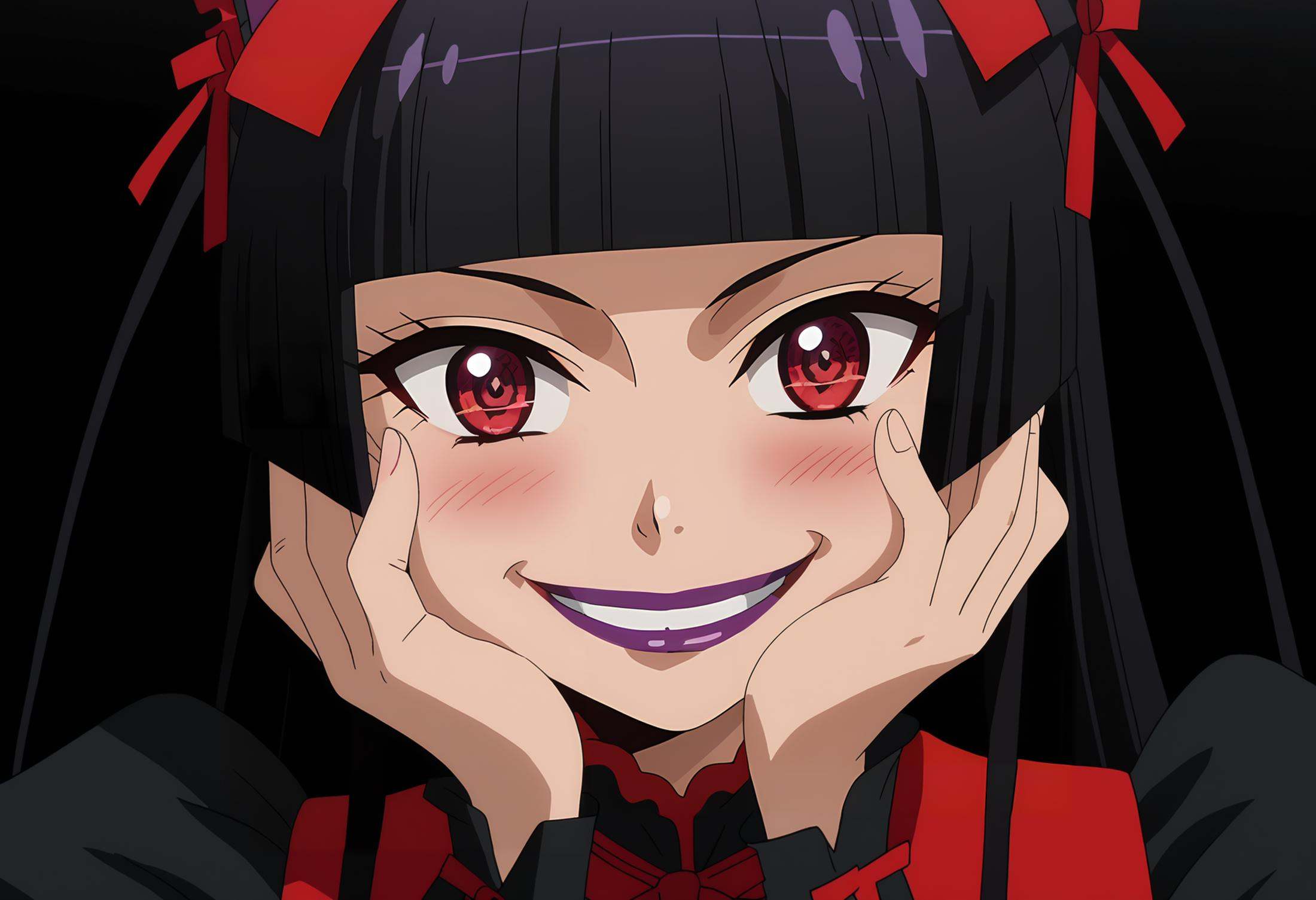 score_7_up, anime screencap, close-up,<lora:GATE_RoryMercuryXL:0.9>, RoryMercury,1girl, (head tilt:1.2), (yandere:1.1), yandere trance, crazy smile, crazy eyes, blush, open mouth,long hair, black hair, red eyes, hime cut, blunt bangs, purple lipstick, hair bow,multicolored dress, black dress, red dress, puffy short sleeves, red necktie, arm warmers,hands on own cheeks, standing, looking at viewer, simple background, black background 