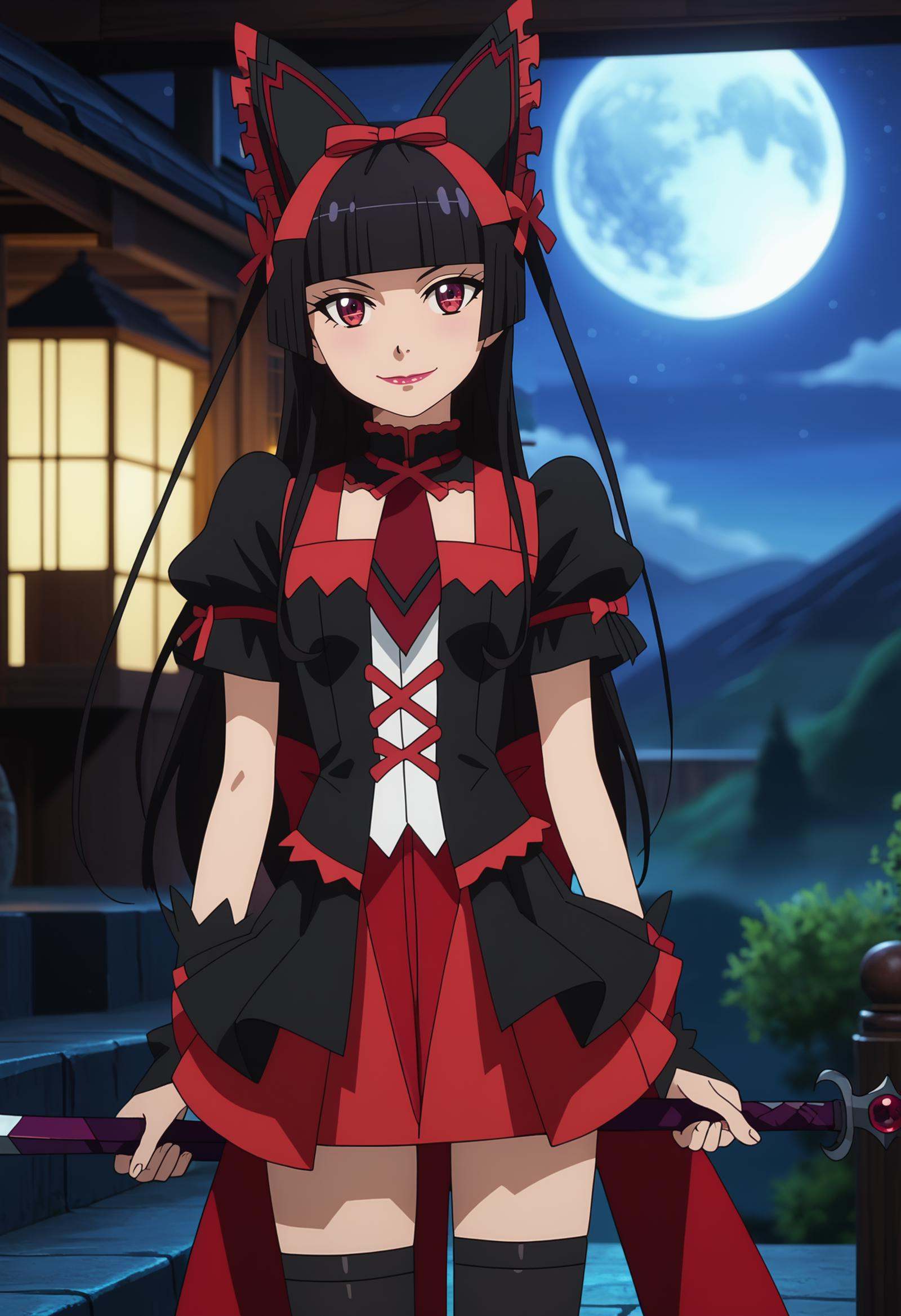 score_7_up, anime screencap,<lora:GATE_RoryMercuryXL:0.9>, RoryMercury,1girl, closed mouth, light smile,long hair, black hair, red eyes, hime cut, blunt bangs, lipstick, hair bow,weapon over shoulder,multicolored dress, black dress, red dress, puffy short sleeves, red necktie, black thighhighs, arm warmers,head tilt, standing, looking at viewer, arms at sides,blurry background, night, night sky, moon, mountains, scenery