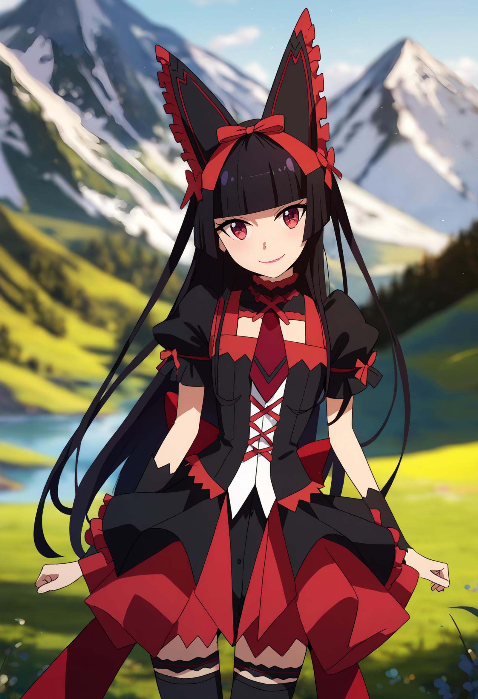 score_7_up, <lora:GATE_RoryMercuryXL:0.9>, RoryMercury,1girl, closed mouth, light smile,long hair, black hair, red eyes, hime cut, blunt bangs, lipstick, hair bow,multicolored dress, black dress, red dress, puffy short sleeves, red necktie, black thighhighs, arm warmers,standing, cowboy shot, looking at viewer, arms at sides,blurry background, outdoors, mountains, scenery