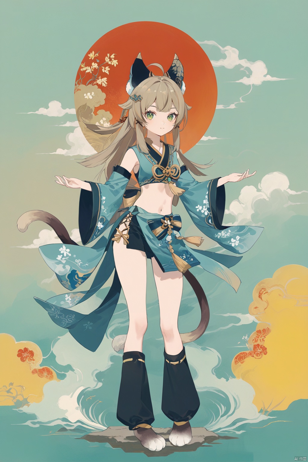  line art,line style,as style,best quality,masterpiece,
 the image features a q version of cute cartoon girl wearing ancient costume, simple pattern, full body portrait, standing pose, legs straight, hands on both sides, minimalist painter style, ancient chinese style, vector illustration, clean background,
yll, def clothes, muye, nekomata girl, 1girl, green eyes, animal ears long hair, ahoge, hair ornament, navel, (2 tails, cat tails:1.2), cat feet,
