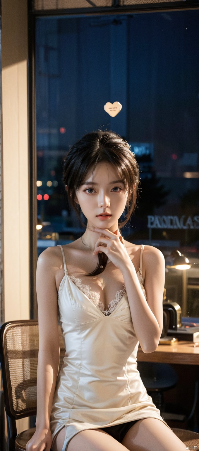 cityscape,masterpiece,best quality,official art,extremely detailed CG unity 8k wallpaper, night, huge_filesize, album, girl,short hair,hair bun, looking at viewer, small breasts,white cleavage dress,sitting on chair,best shadow,heart envelope in hands,Light eyebrows,