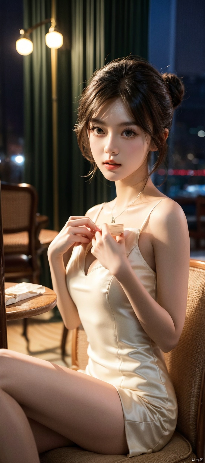 cityscape,masterpiece,best quality,official art,extremely detailed CG unity 8k wallpaper, night, huge_filesize, album, girl,short hair,hair bun, looking at viewer, small breasts,white cleavage dress,sitting on chair,best shadow,heart envelope in hands,Light eyebrows,