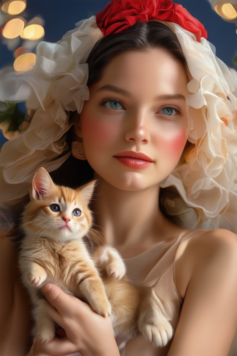 cinematic upper body photo a woman holding a kitten in her hands, ((best best quality)), ((masterpiece)), ((realistic)), (detailed), blush, (masterpiece), absurdres, HDR , . 35mm photograph, film, bokeh, professional, 4k, highly detailed, detailed skin texture, (goosebumps:0.5), subsurface scattering, pure skin, skin pores, blue eyes
,3l3ctronics