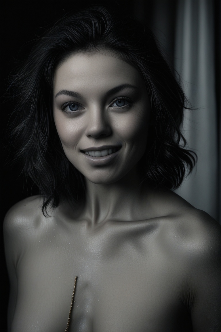 Portrait Photo of a cheeky smiling naked italian woman, taned skin.  Intense gaze. large saggy breast. Simple bracelets. Dark, mysterious room. Faustian.
 (Face features of (Stoya))
Shot on Hasselblad 500CM. Kodak Ektar 100.
Rembrandt Lighting style, shadow, partially covered in shadow, Rembrandt shadow style, nose shadow.
Detailed face, (detailed skin, pores, sweat, blush, tan).