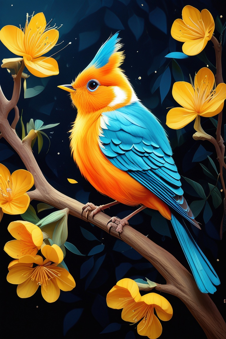 A bird is sitting on a branch of a tree. The bird is orange and blue with a yellow beak. There are yellow flowers on the branches around the bird. 