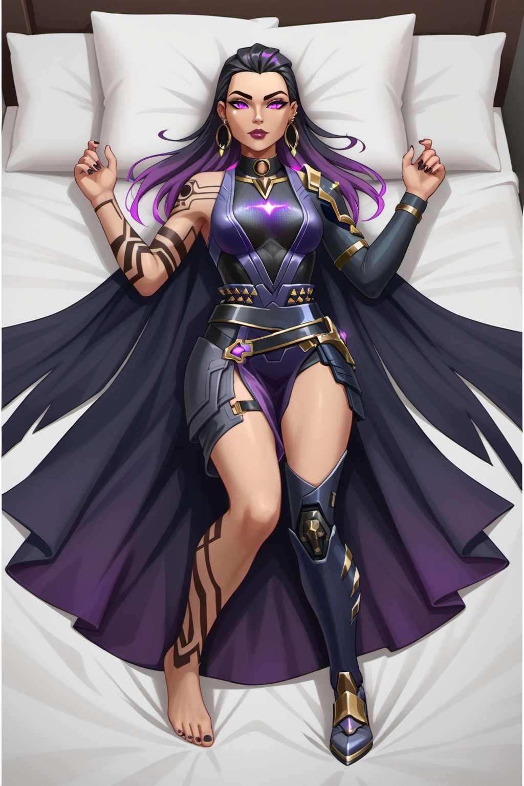 Reyna,  Black hairs with purple highlights,  Tattoos on Tensor.Art