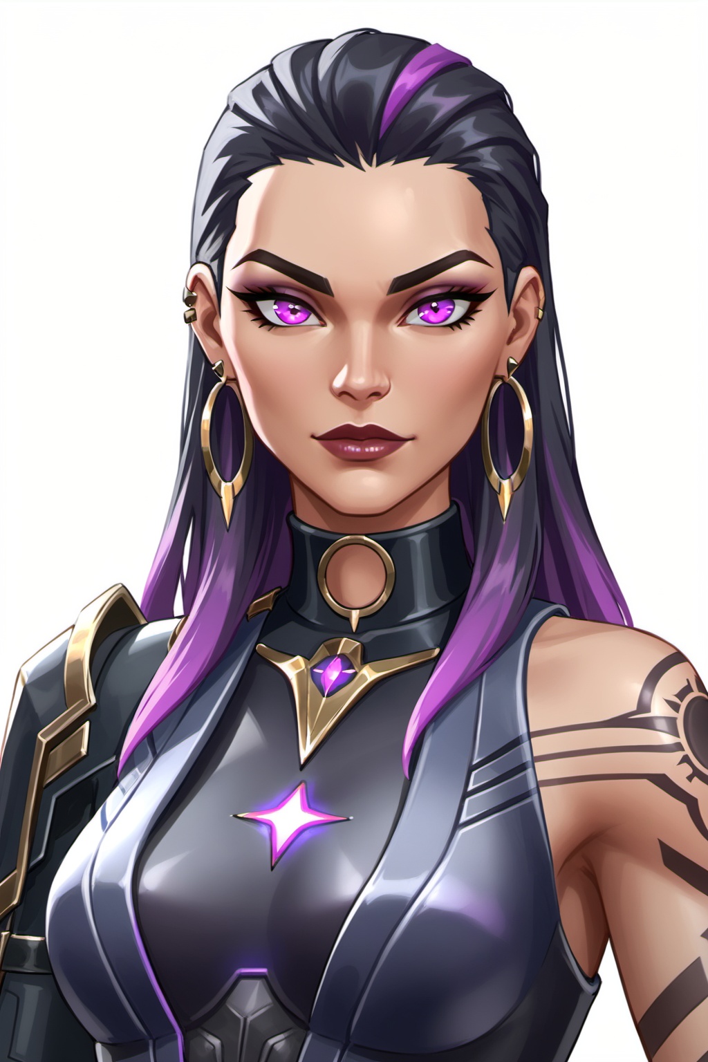 Reyna,  Black hairs with purple highlights,  Tattoos on Tensor.Art