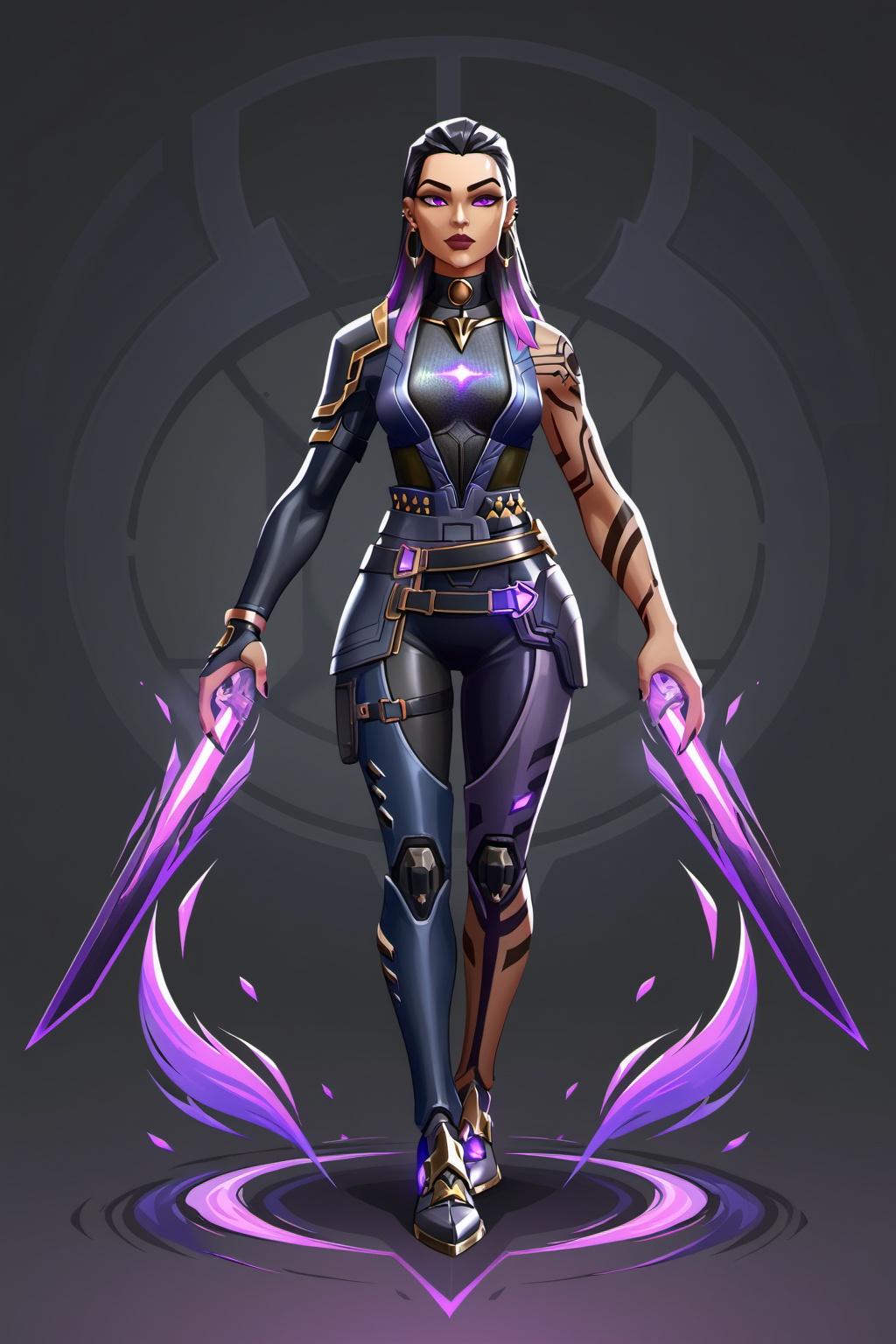 Reyna,  Black hairs with purple highlights,  Tattoos on Tensor.Art