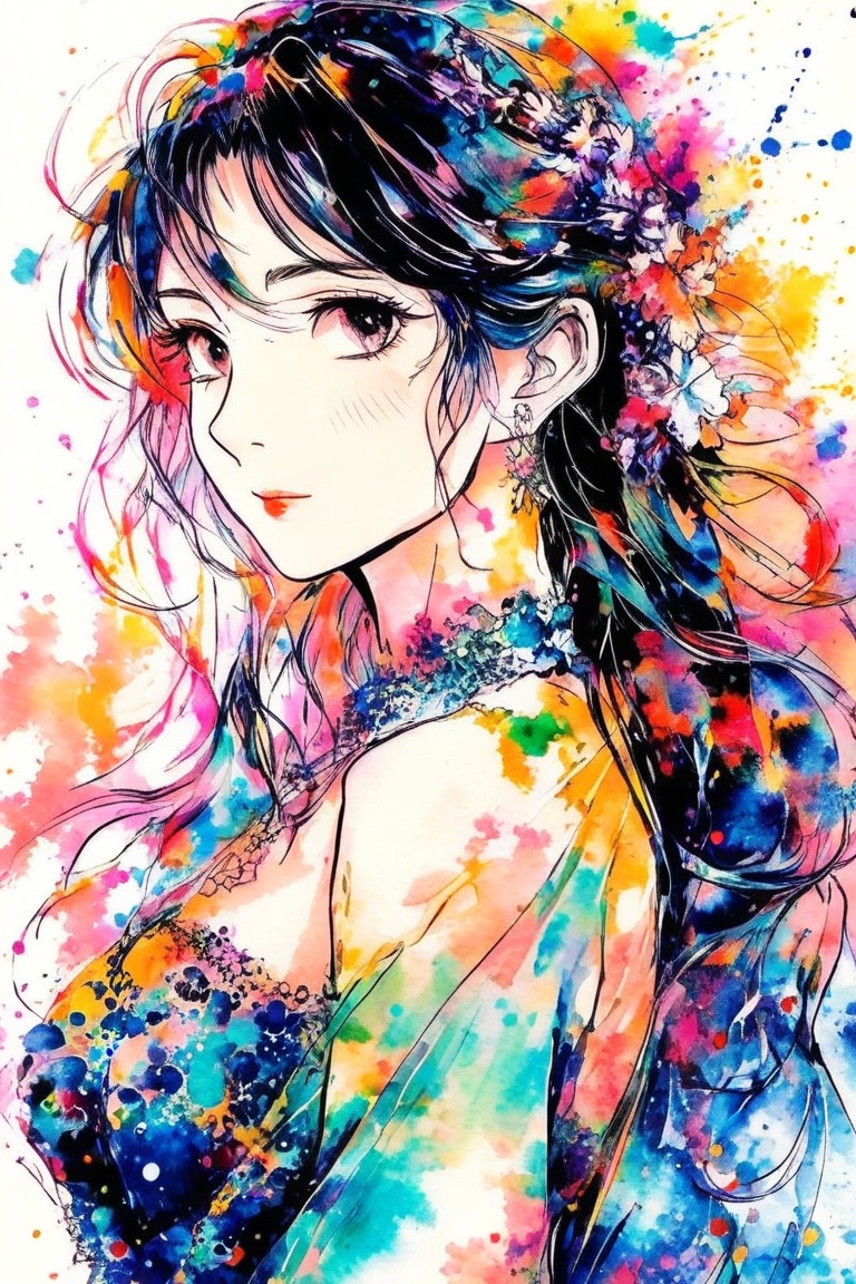 A very beautiful anime girl dressing a elegant dress, her dress is made by ink, looking at viewer, radiant gaze, (front view), upper body, close up, ink brushstrokes in background mastepiece quality, stunning image, colorful, Ink art style.
