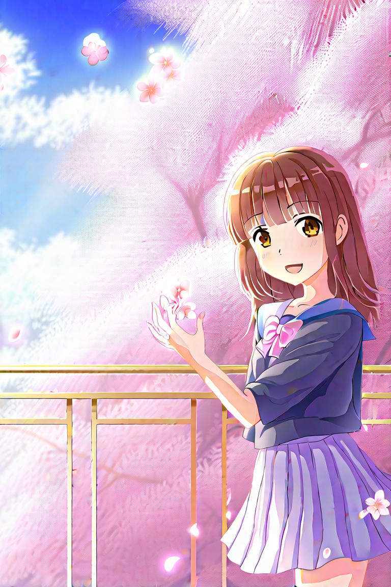 A cute anime girl next to a cherry blossom tree
