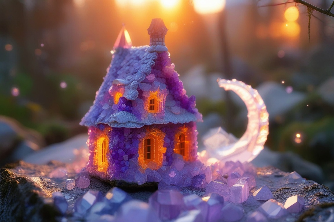 Hunyuanamethyst,  house in an enchanted forest with fairy lights,  night time on Tensor.Art