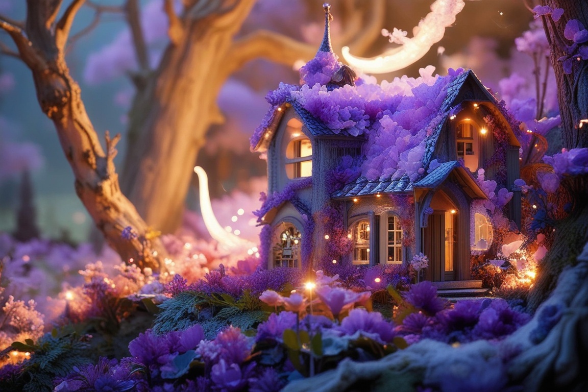 Hunyuanamethyst,  house in an enchanted forest with fairy lights,  night time on Tensor.Art