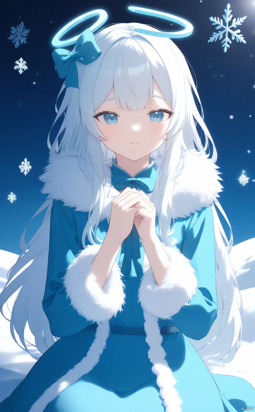 The image is a digital illustration of an anime-style character. The character has long, wavy silver hair with a blue bow on the left side and a halo above her head, suggesting an angelic theme. Her attire consists of a blue dress with white fur trim, and she wears a matching blue bow on her wrist. The background is simple, featuring light blue snowflakes that add to the ethereal quality of the scene. The character's pose and expression convey a sense of calm and contemplation.