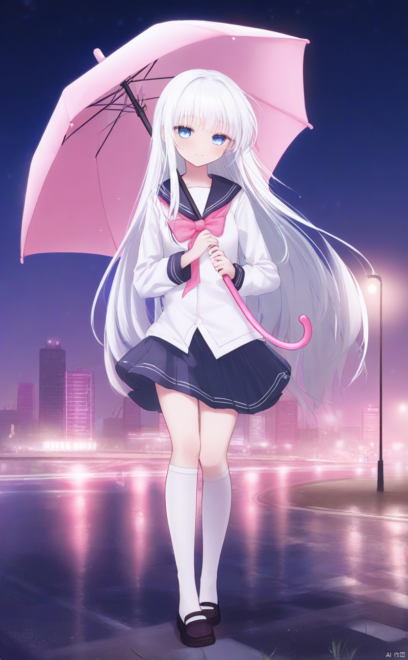 The image depicts a young female character with long white hair and blue eyes, holding a pink umbrella. She is dressed in a white sailor-style school uniform with a pink bow, black shoes, and white socks. The background suggests an urban environment at night, illuminated by city lights. The character's attire and the umbrella suggest a theme of youth and perhaps innocence or nostalgia. The lighting and colors give the image a serene and somewhat melancholic atmosphere.