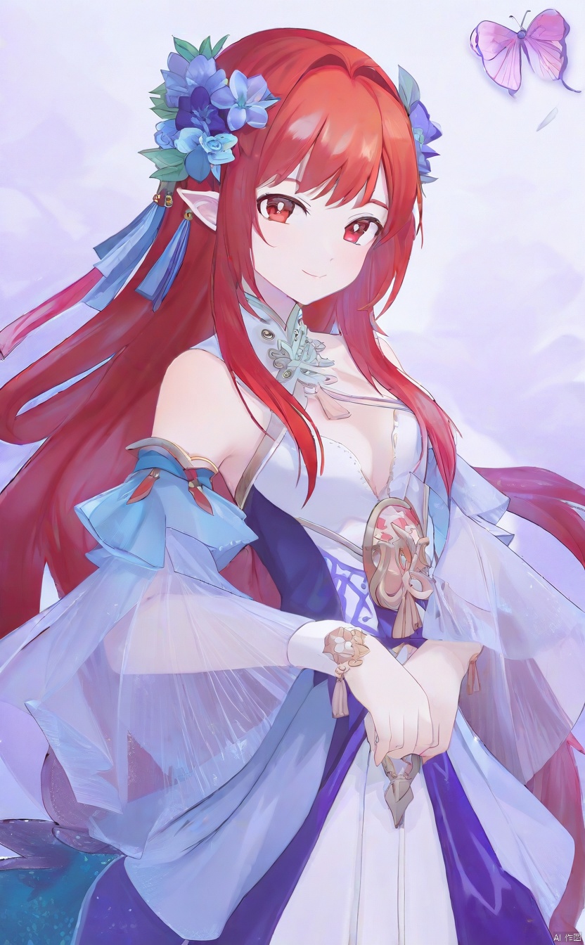 The image depicts a stylized female character with features reminiscent of a fantasy or video game aesthetic. The character has vibrant red hair adorned with floral accessories, and her attire is detailed with blue and purple tones, suggesting a regal or magical theme. The use of pastel colors and the character's pose exude a sense of grace and elegance. There is no indication of movement, which suggests that the image is meant to capture a moment of stillness or contemplation. The background is minimalistic, ensuring the focus remains on the character. No additional context or story is provided within the image itself.
